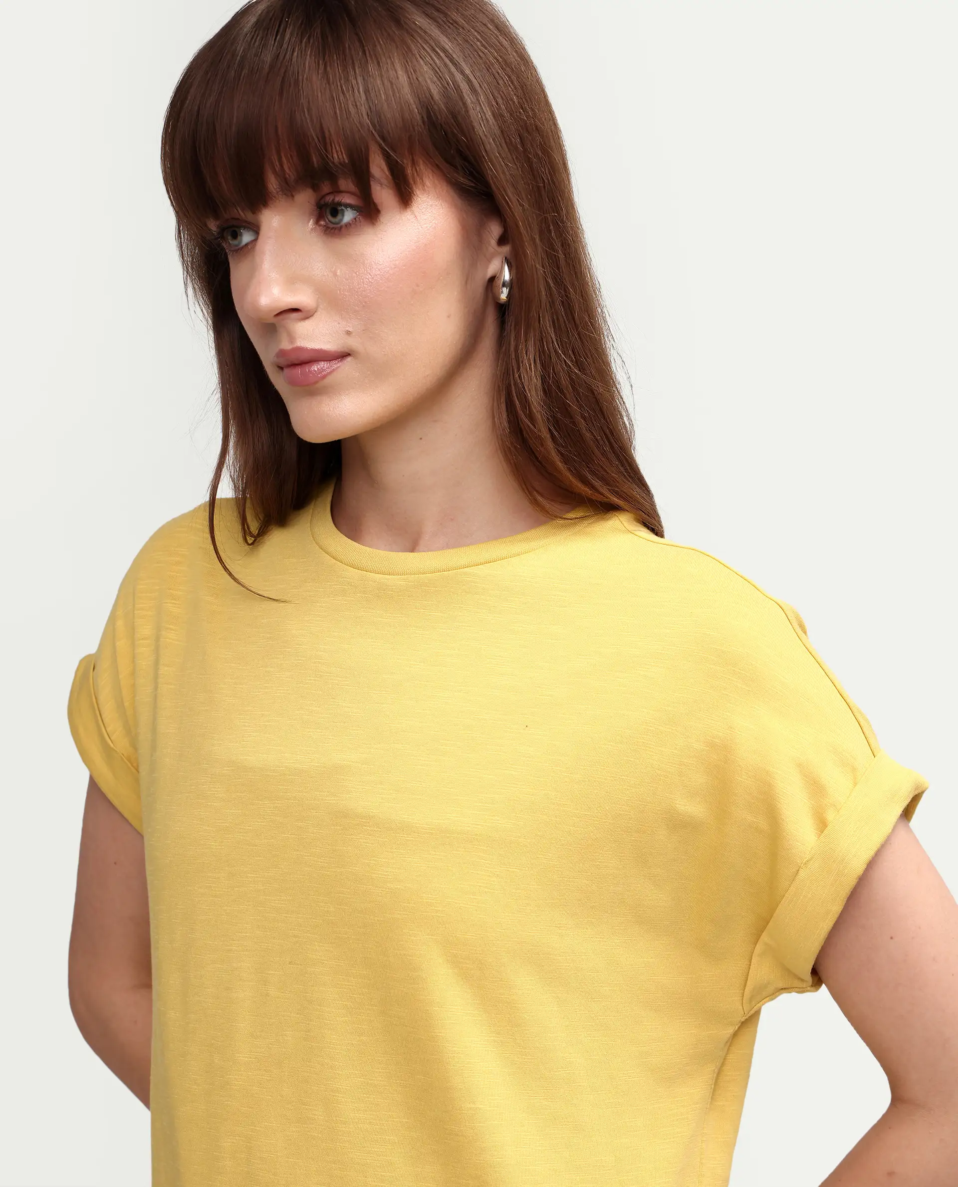 Rareism Women's Janinen Mustard Cotton Round Neck Plain Extended Sleeves Regular Fit T-Shirt - Image 3