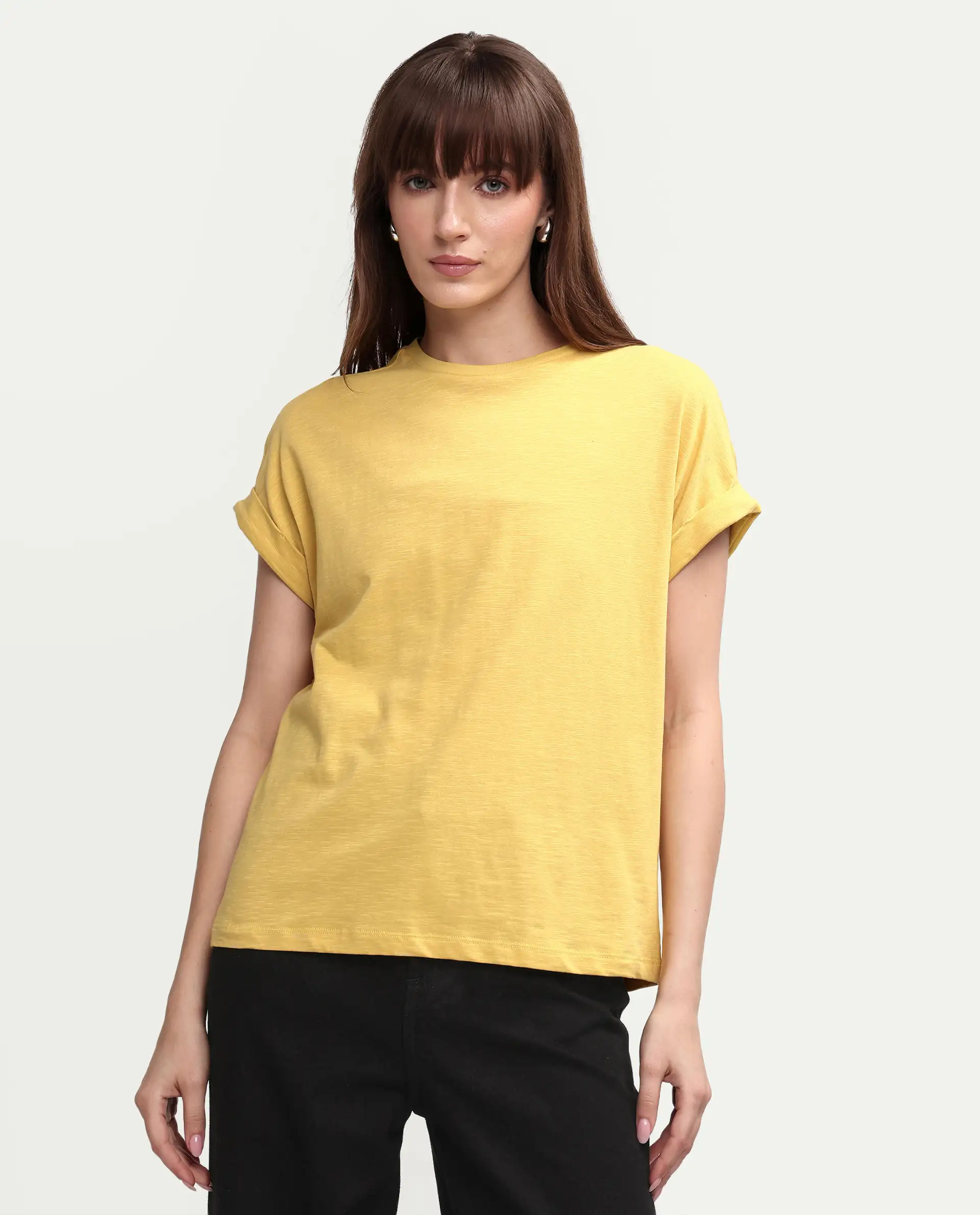 Rareism Women's Janinen Mustard Cotton Round Neck Plain Extended Sleeves Regular Fit T-Shirt - Image 4