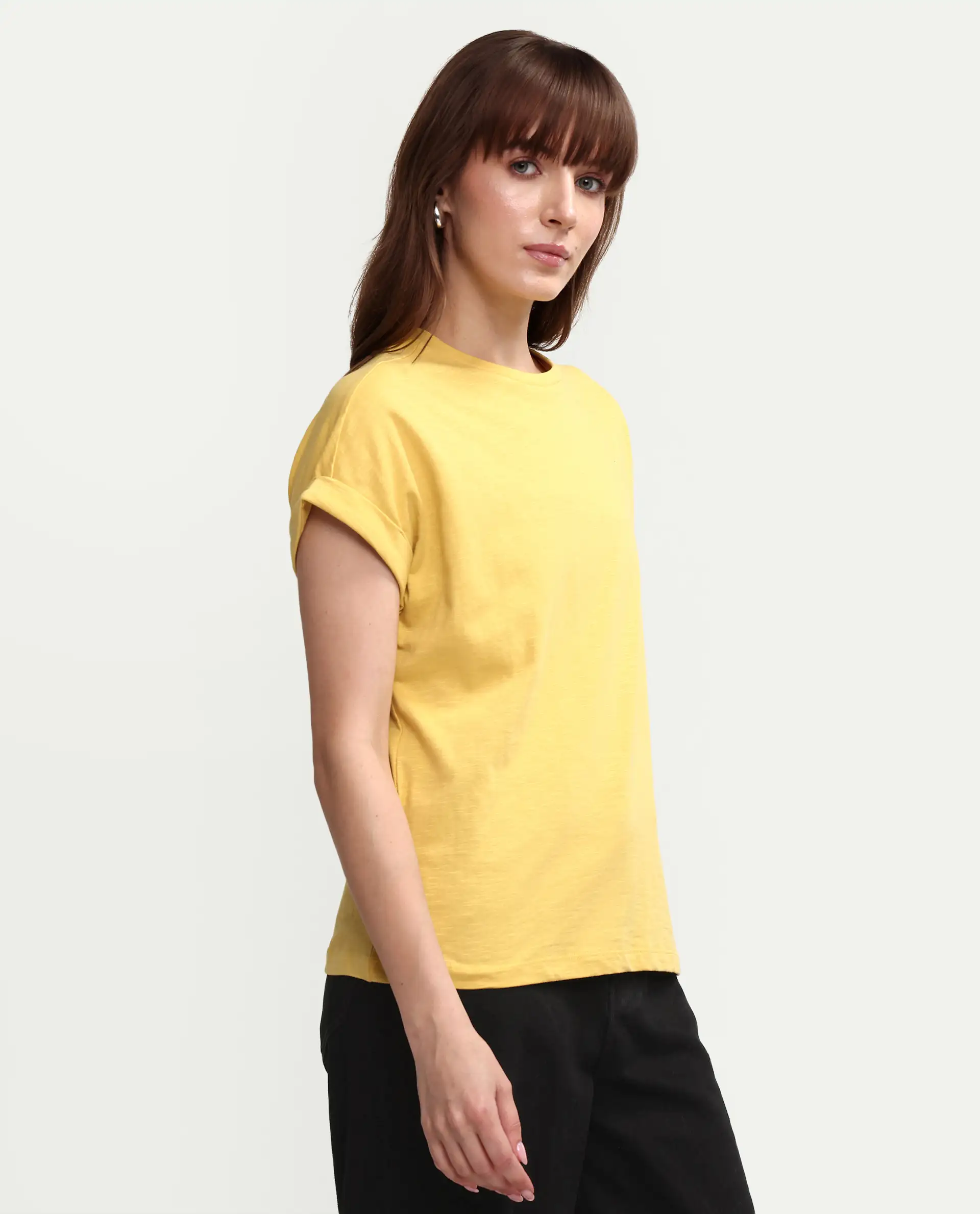 Rareism Women's Janinen Mustard Cotton Round Neck Plain Extended Sleeves Regular Fit T-Shirt - Image 5