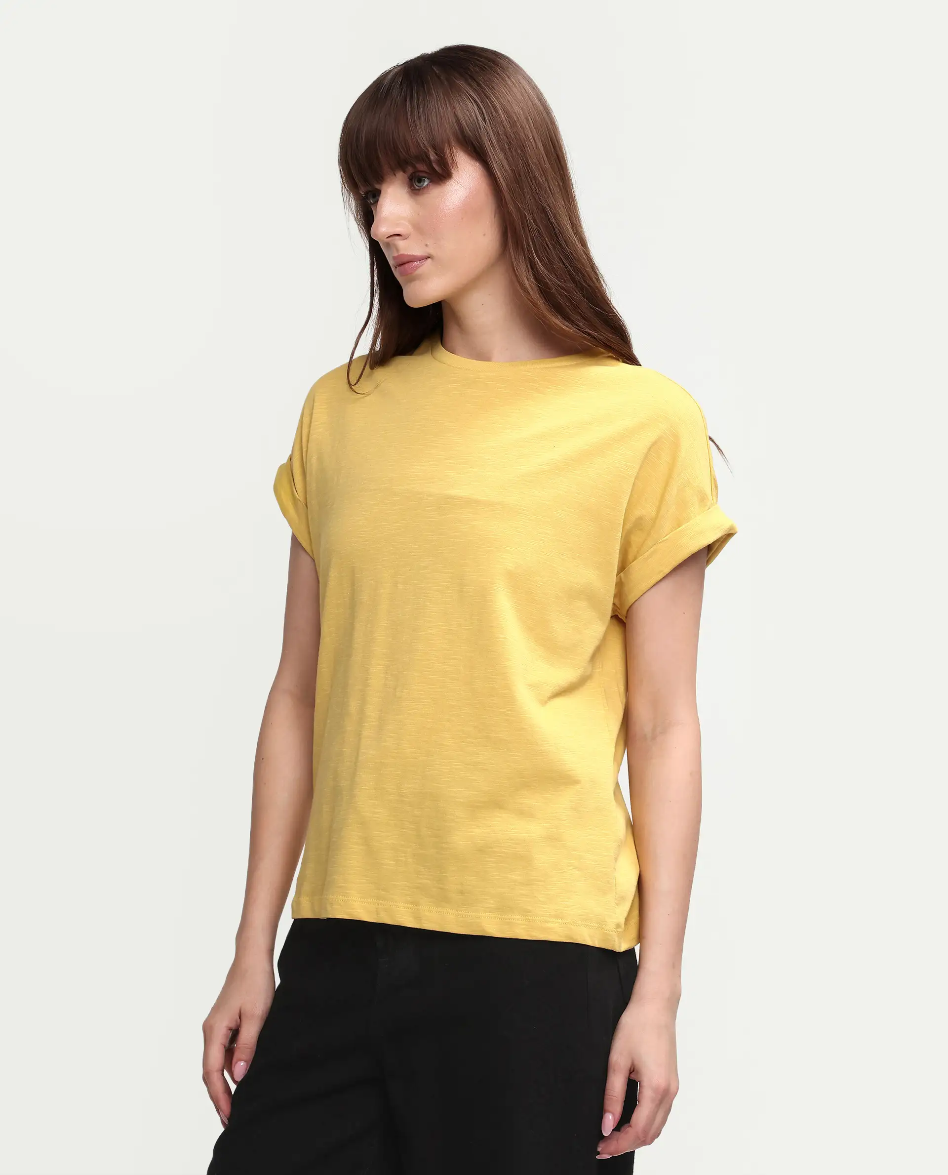 Rareism Women's Janinen Mustard Cotton Round Neck Plain Extended Sleeves Regular Fit T-Shirt - Image 6