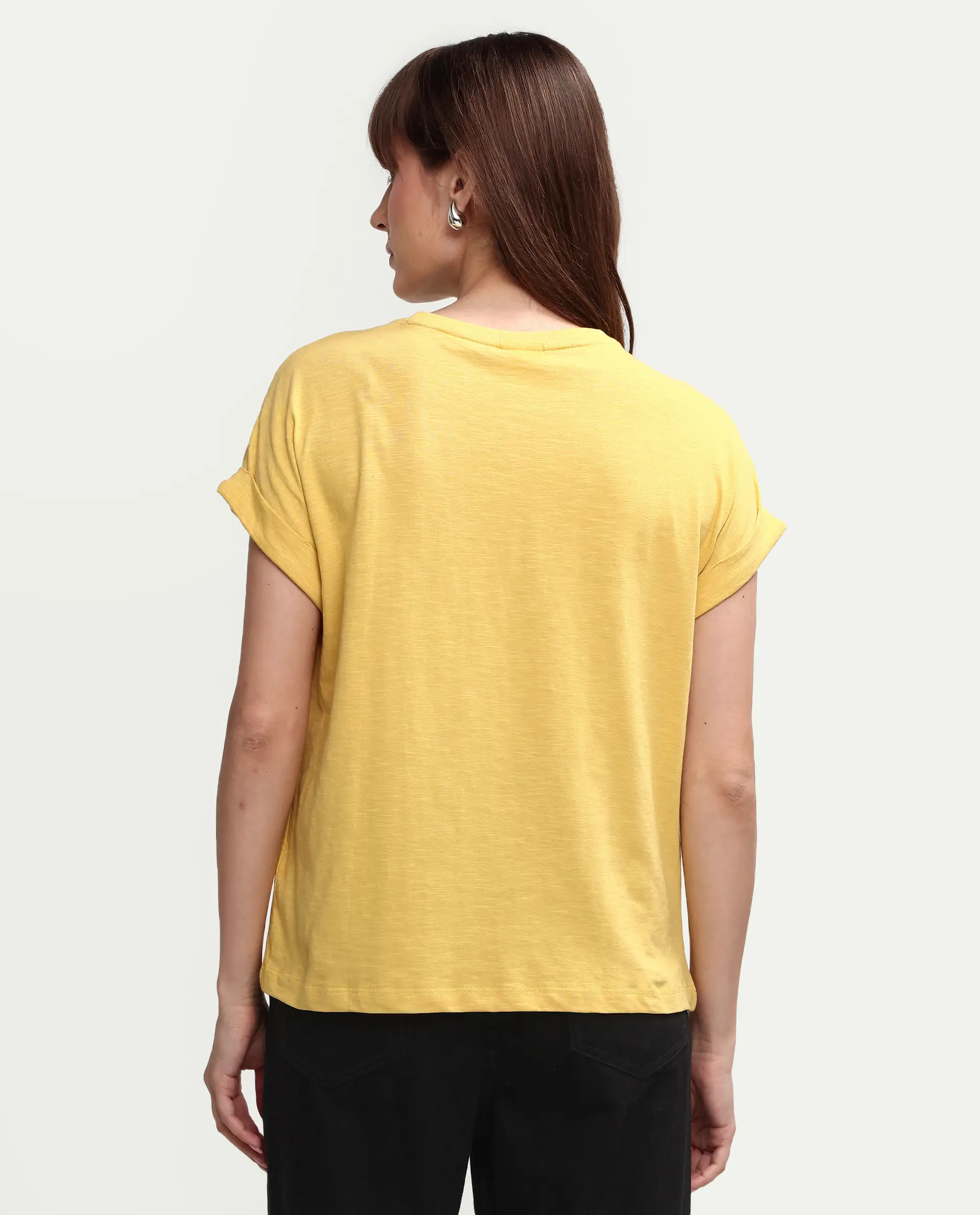 Rareism Women's Janinen Mustard Cotton Round Neck Plain Extended Sleeves Regular Fit T-Shirt - Image 7