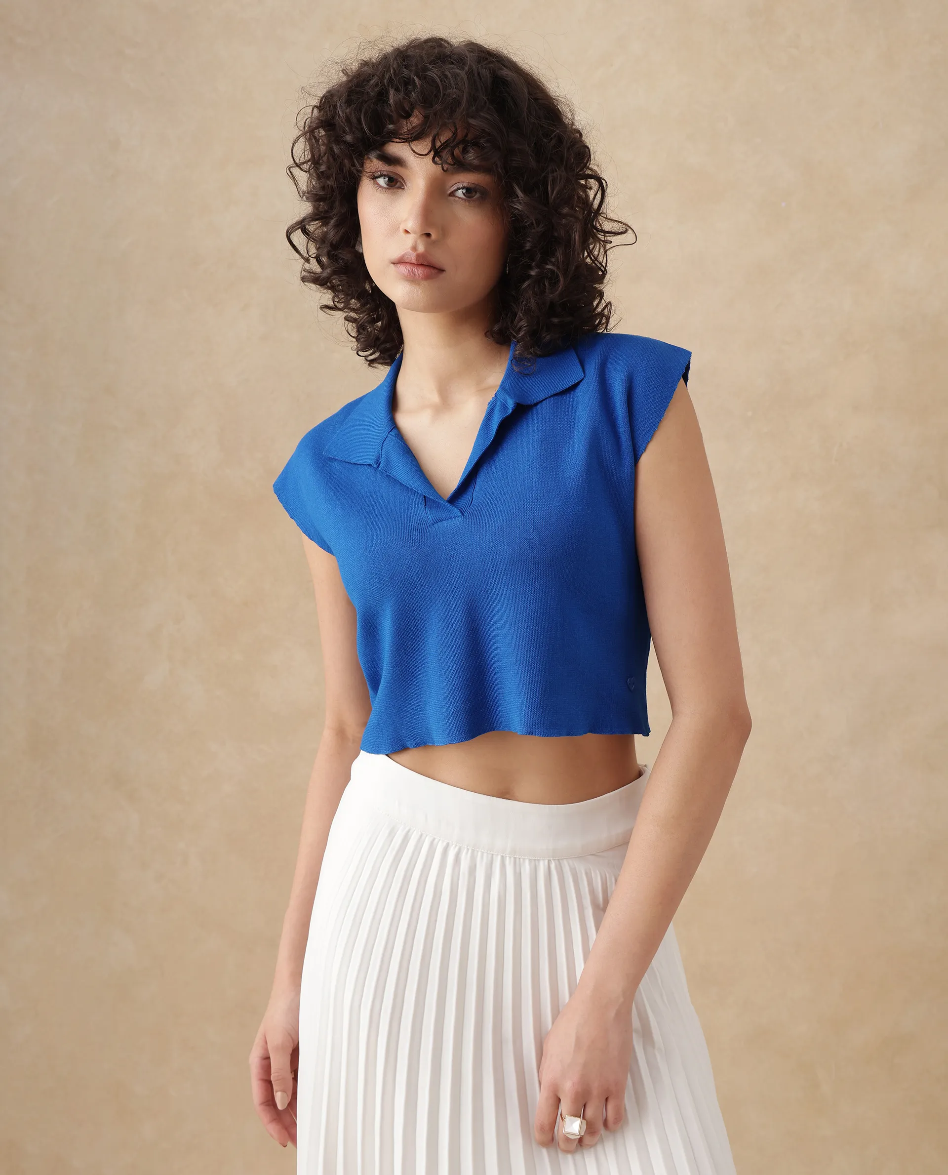Rareism Women's Jankara T Blue Viscose Blend Johnny Collar Plain Extended Sleeves Crop Regular Fit Top - Image 3