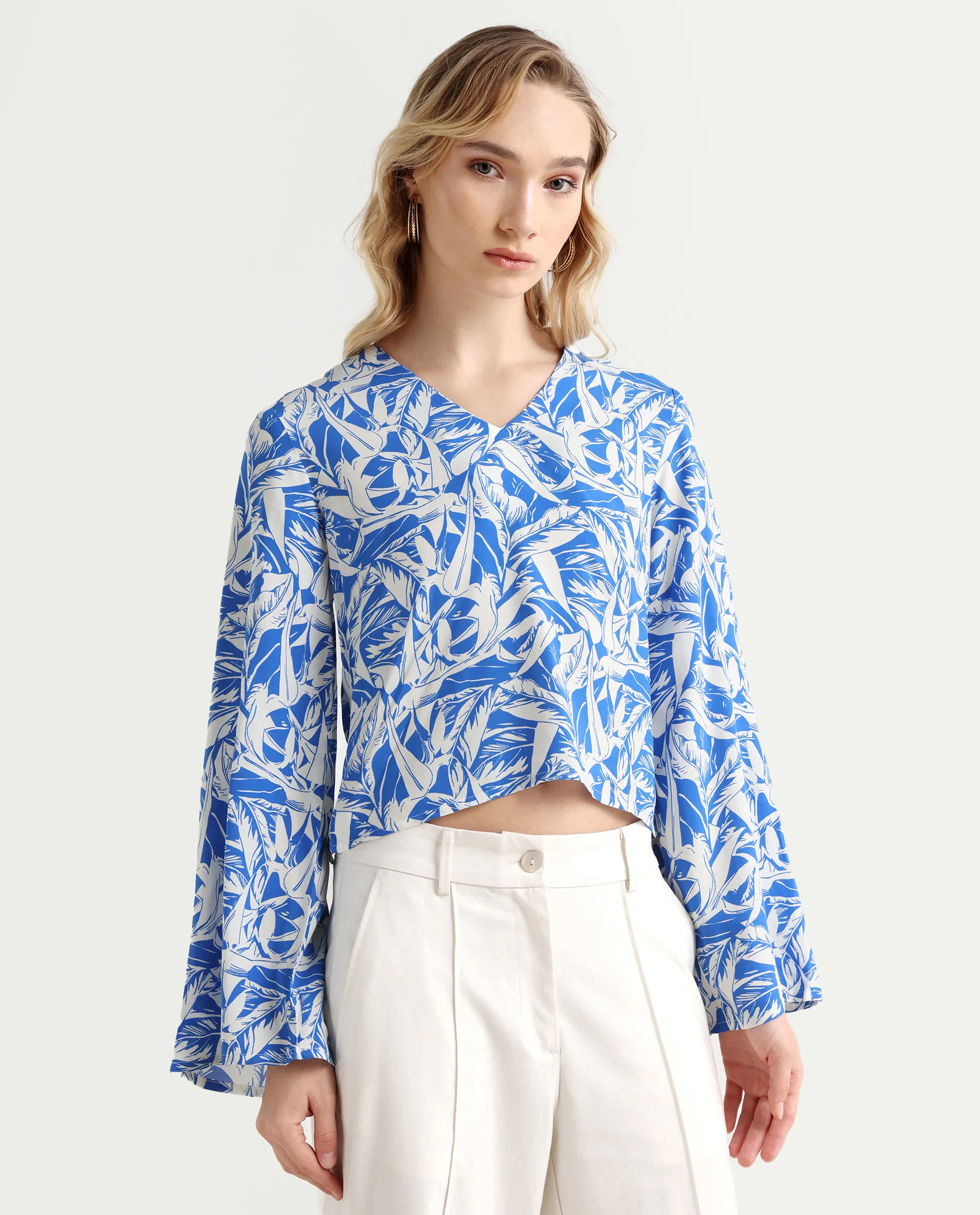 Rareism Women's Jankem Light Blue Viscose Overlap Neck Abstract Print Bell Sleeve Crop Regular Fit Top