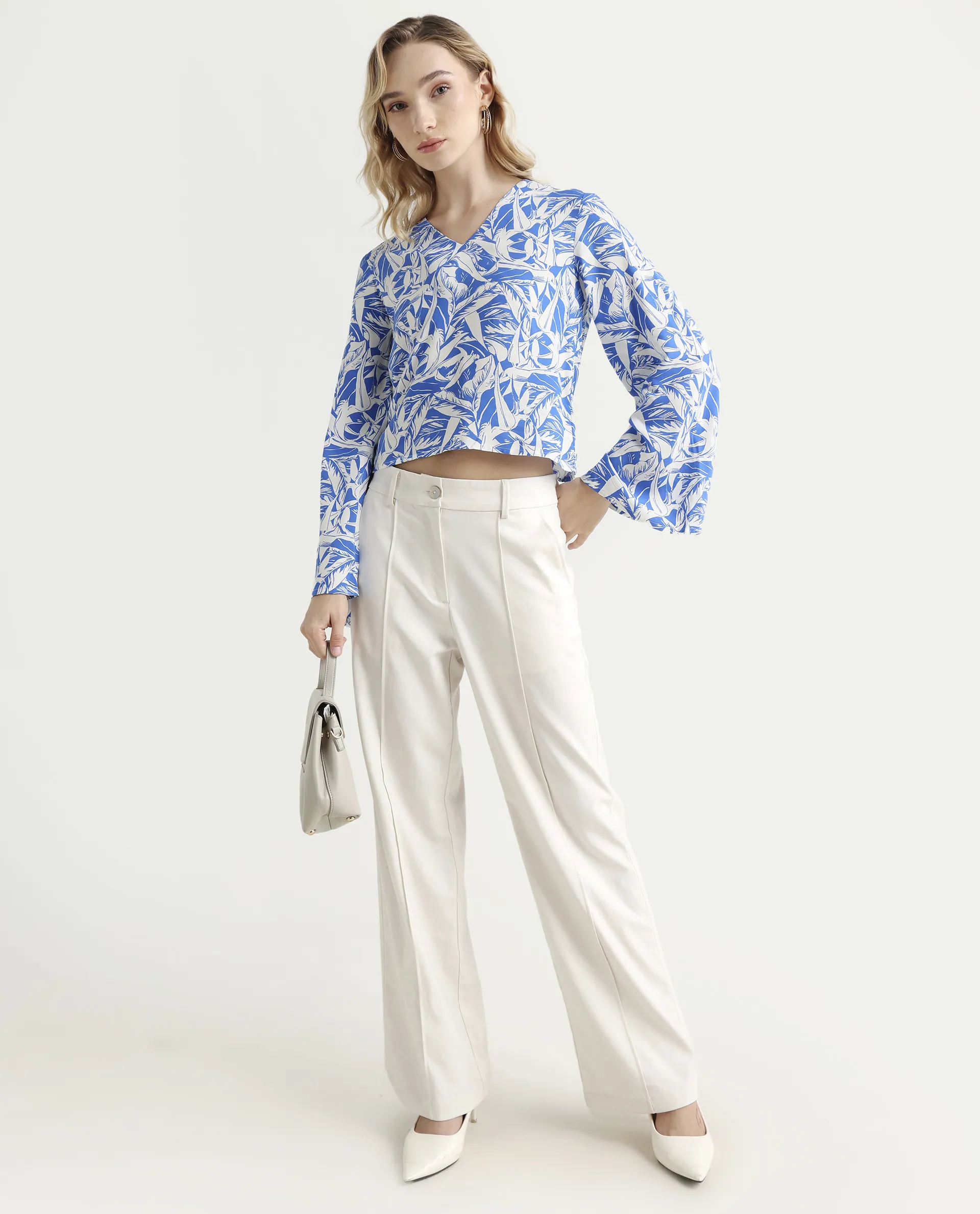 Rareism Women's Jankem Light Blue Viscose Overlap Neck Abstract Print Bell Sleeve Crop Regular Fit Top - Image 2