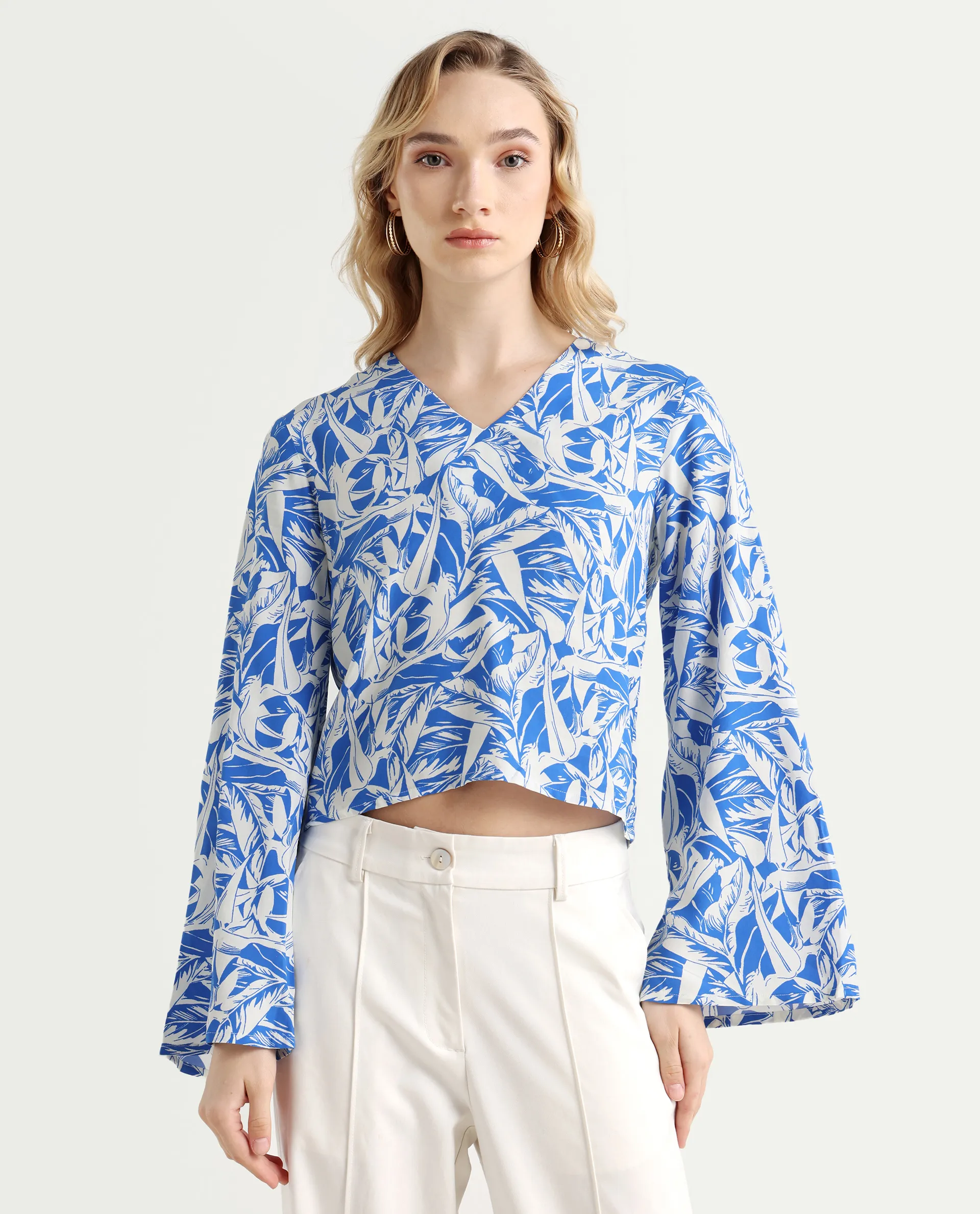 Rareism Women's Jankem Light Blue Viscose Overlap Neck Abstract Print Bell Sleeve Crop Regular Fit Top - Image 3
