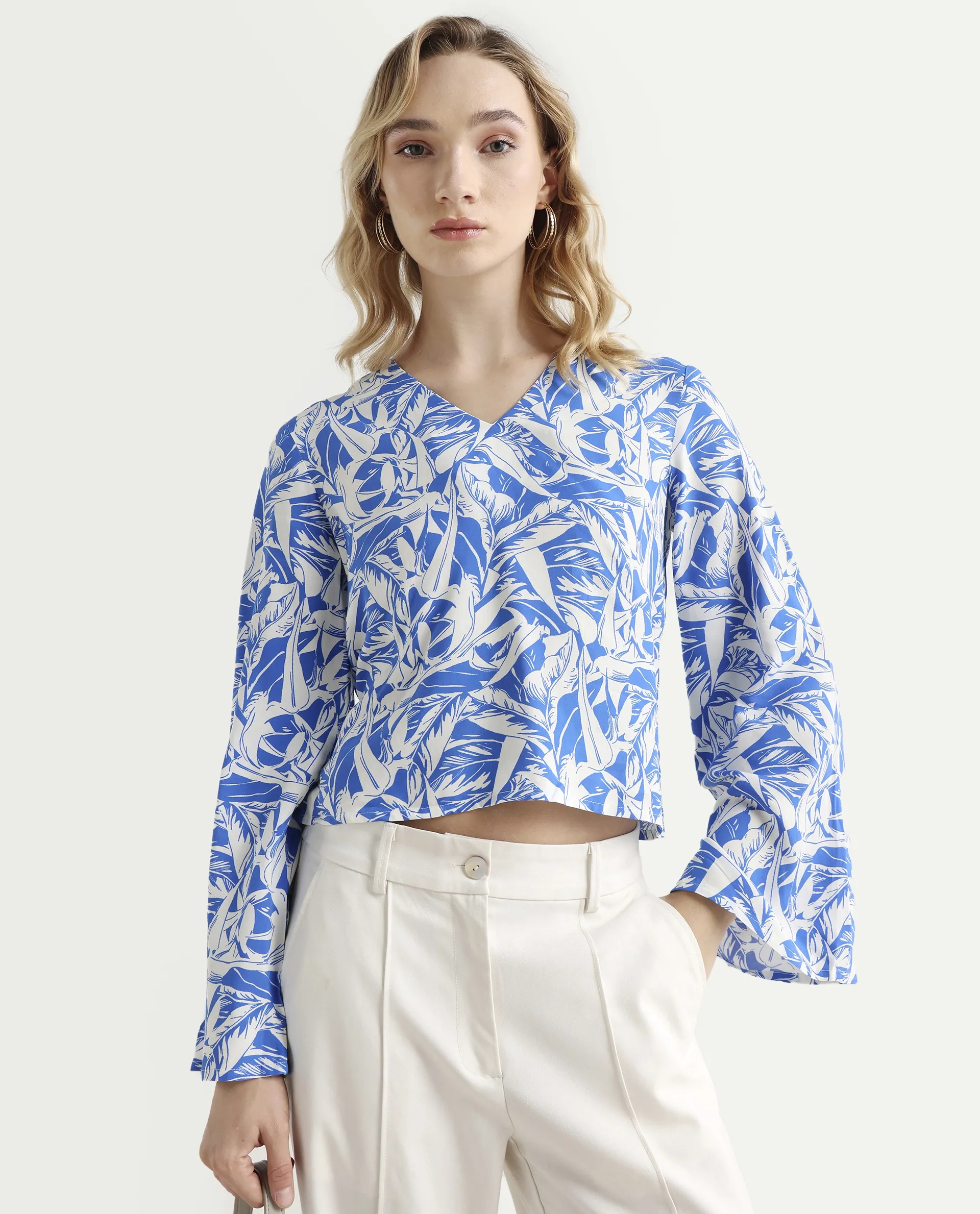 Rareism Women's Jankem Light Blue Viscose Overlap Neck Abstract Print Bell Sleeve Crop Regular Fit Top - Image 5