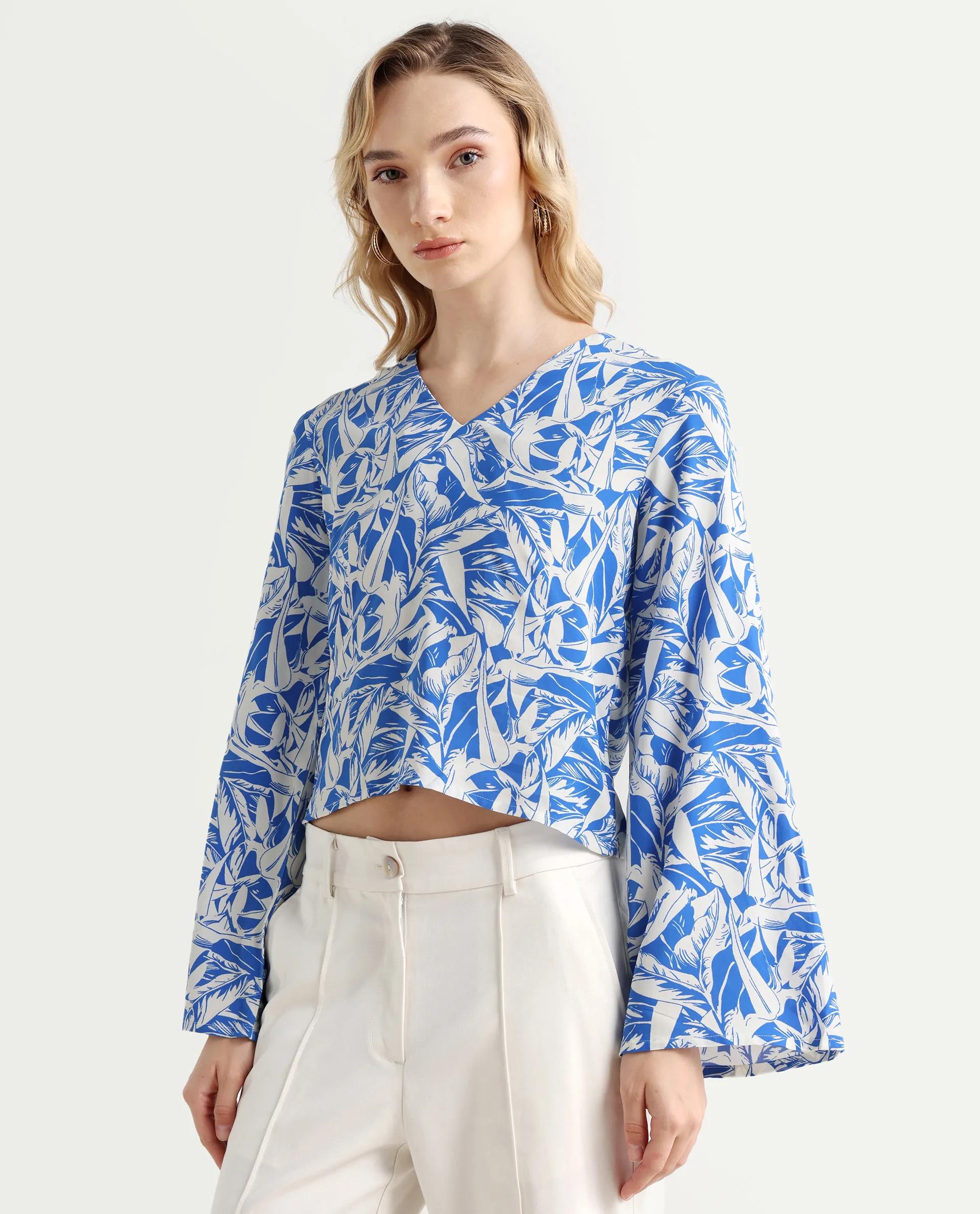 Rareism Women's Jankem Light Blue Viscose Overlap Neck Abstract Print Bell Sleeve Crop Regular Fit Top - Image 6