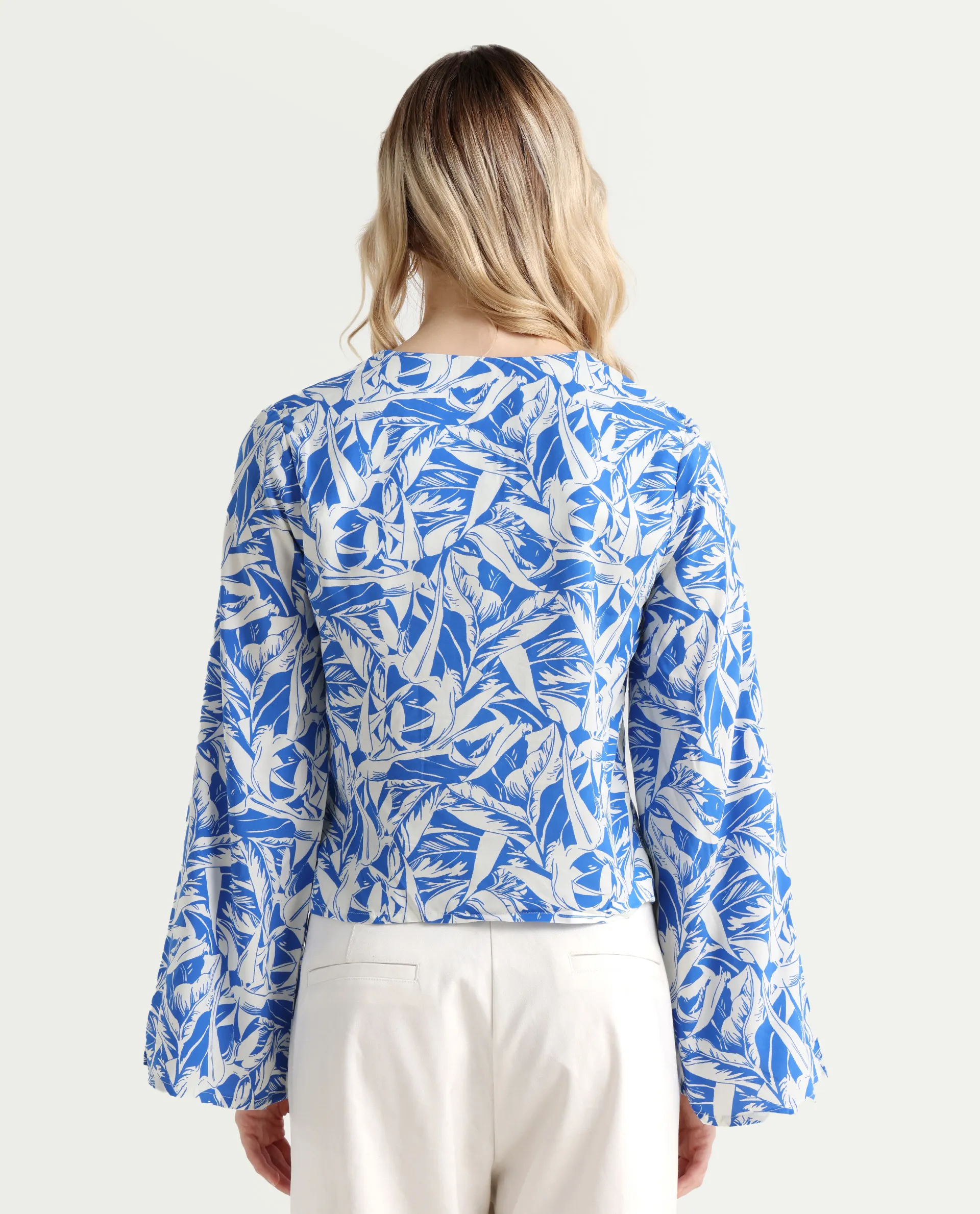 Rareism Women's Jankem Light Blue Viscose Overlap Neck Abstract Print Bell Sleeve Crop Regular Fit Top - Image 7