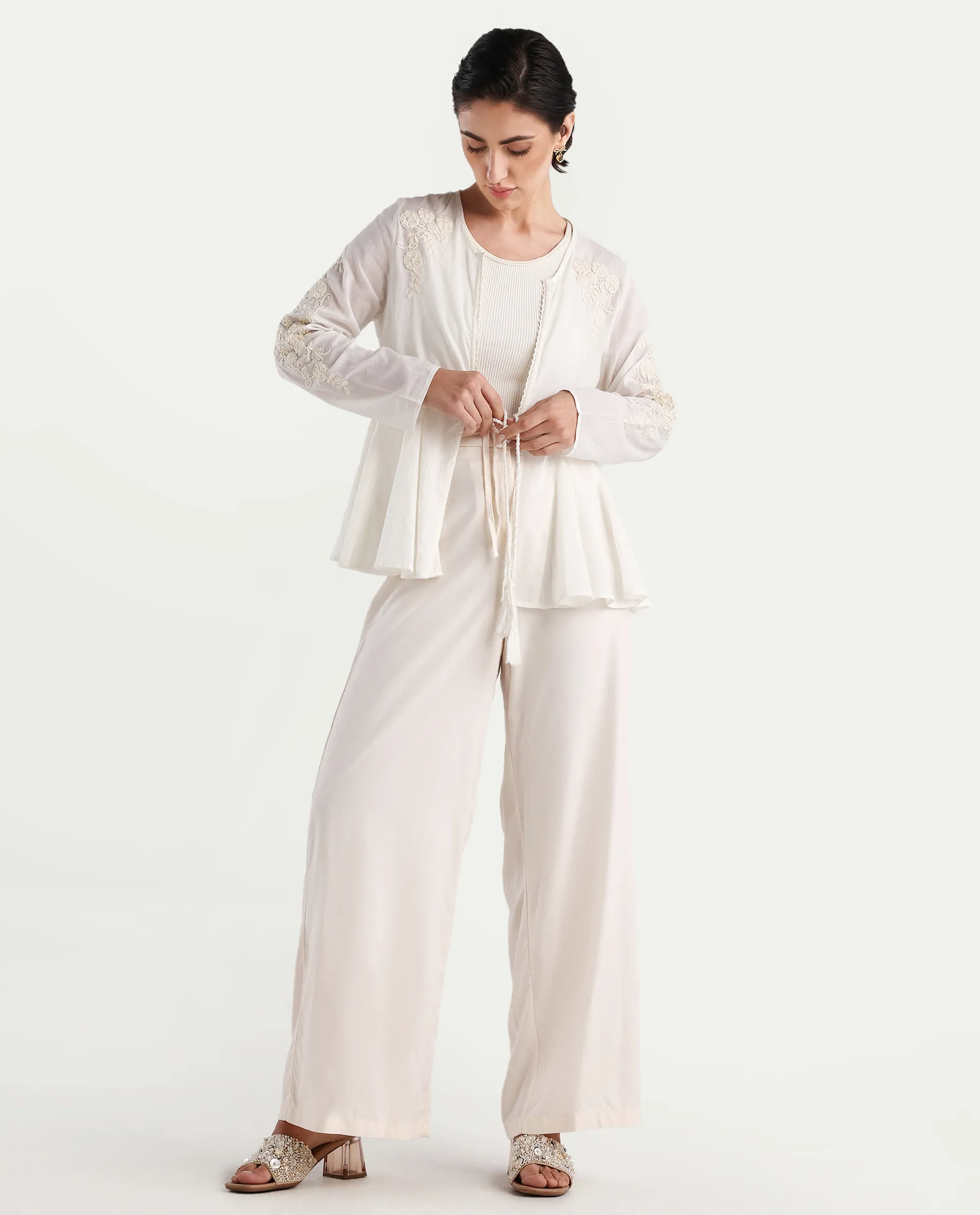 Rareism Women's Janket Off White Viscose Collarless Embroidered Regular Fit Shrug - Image 3