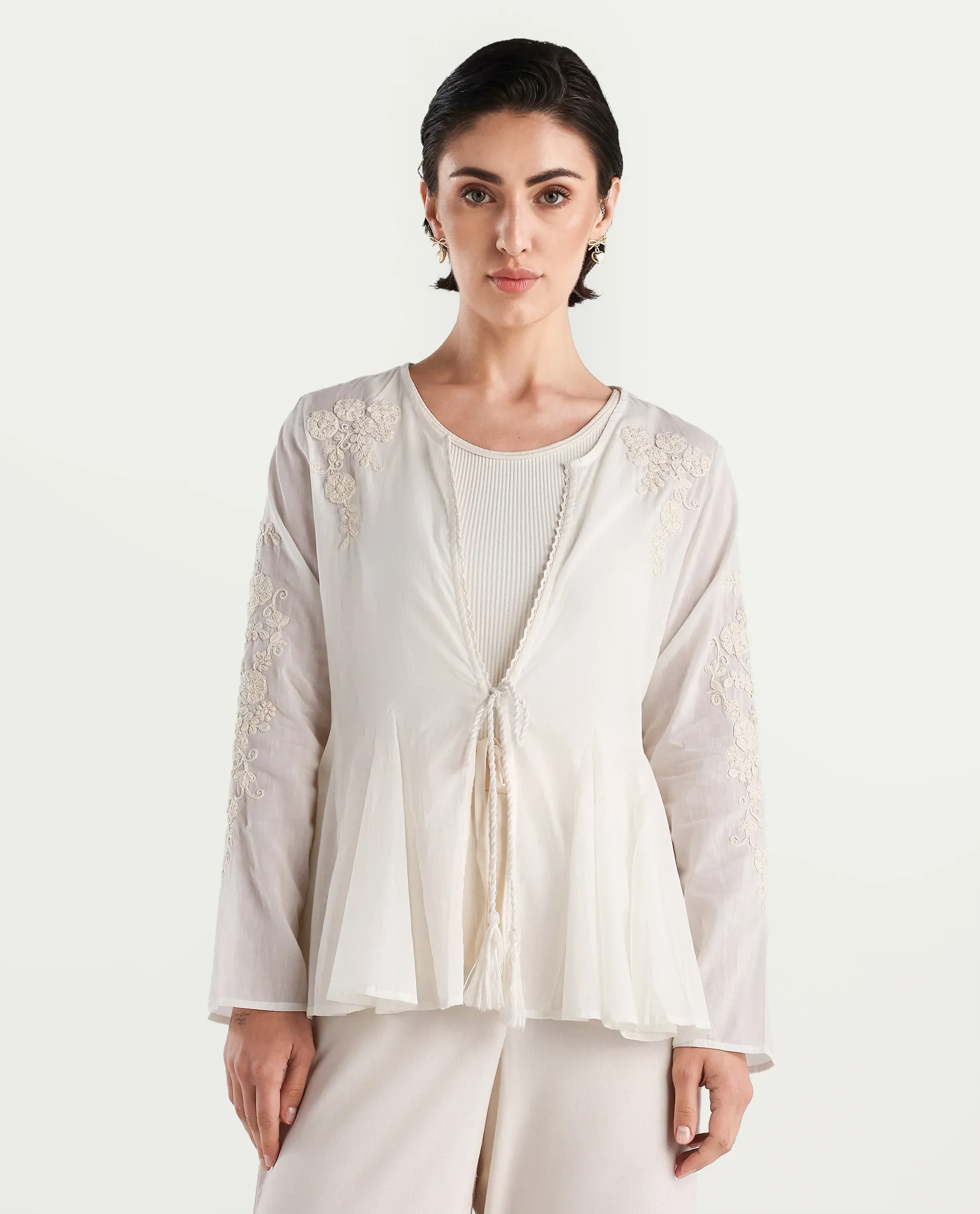 Rareism Women's Janket Off White Viscose Collarless Embroidered Regular Fit Shrug - Image 5