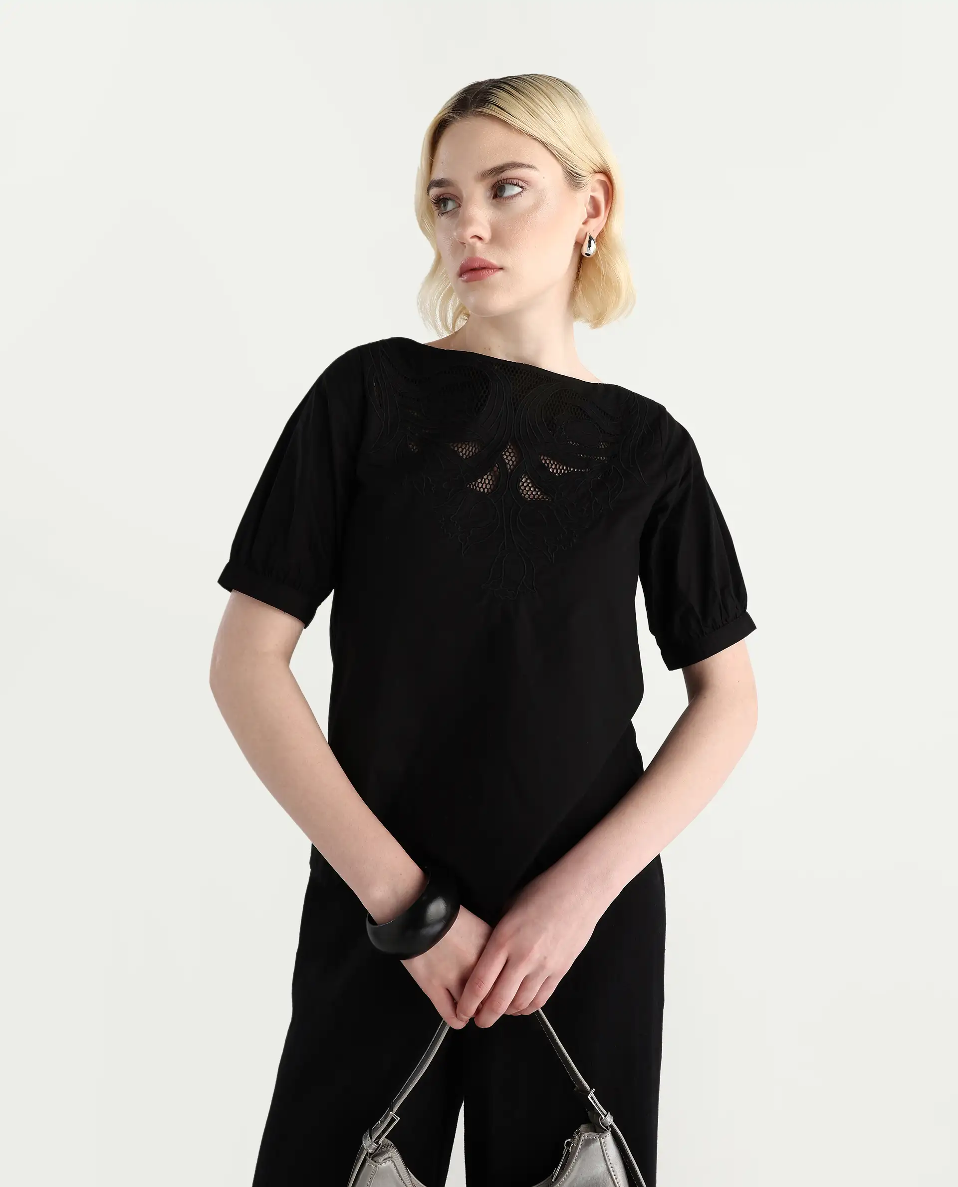 Rareism Women's Janla Black Cotton Boat Neck Embroidered Regular Fit Top