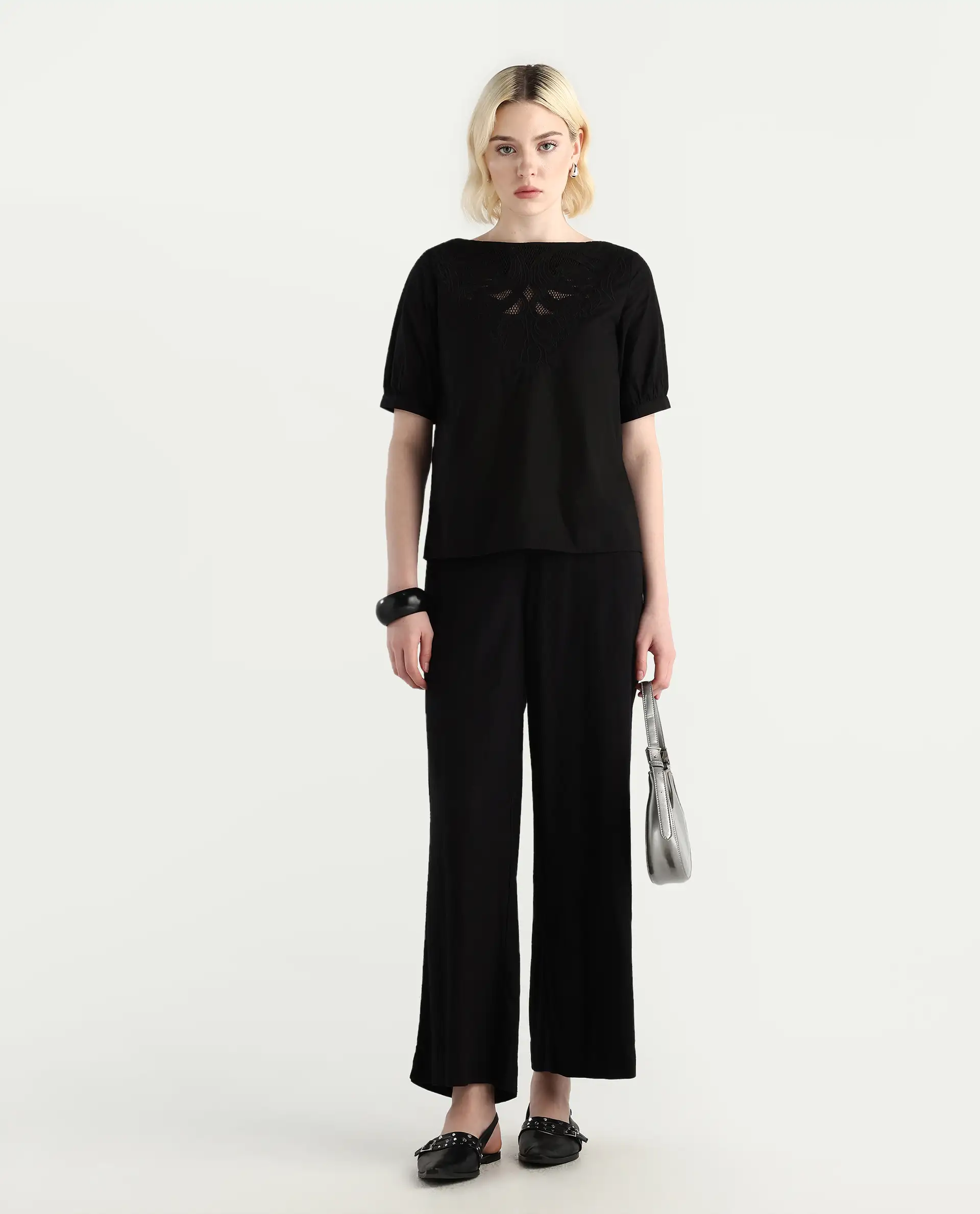 Rareism Women's Janla Black Cotton Boat Neck Embroidered Regular Fit Top - Image 2