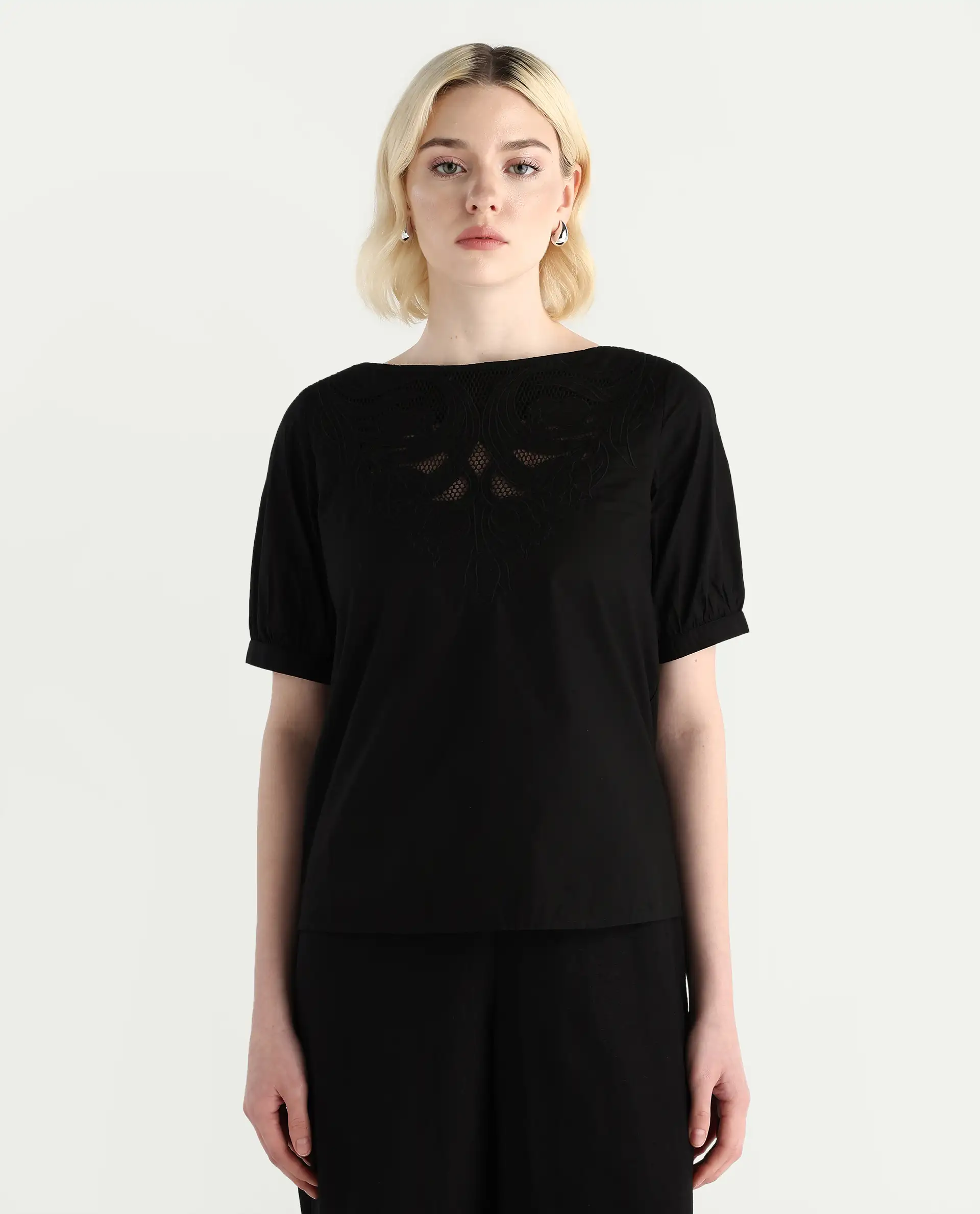Rareism Women's Janla Black Cotton Boat Neck Embroidered Regular Fit Top - Image 3