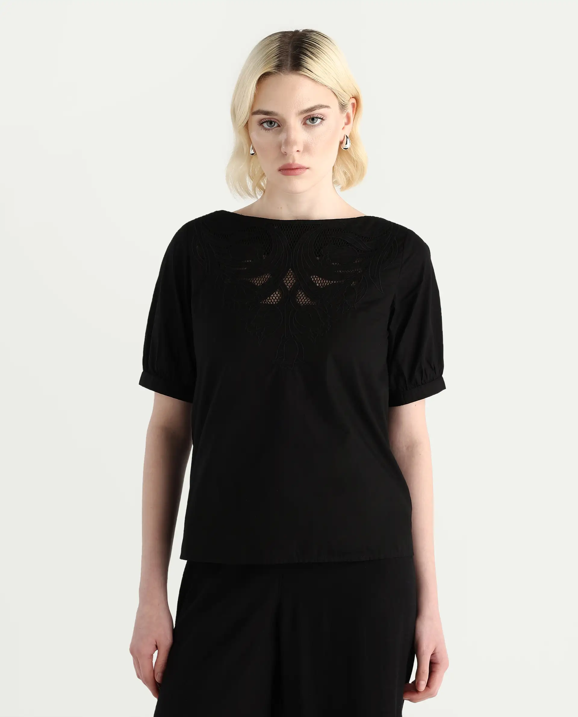 Rareism Women's Janla Black Cotton Boat Neck Embroidered Regular Fit Top - Image 4