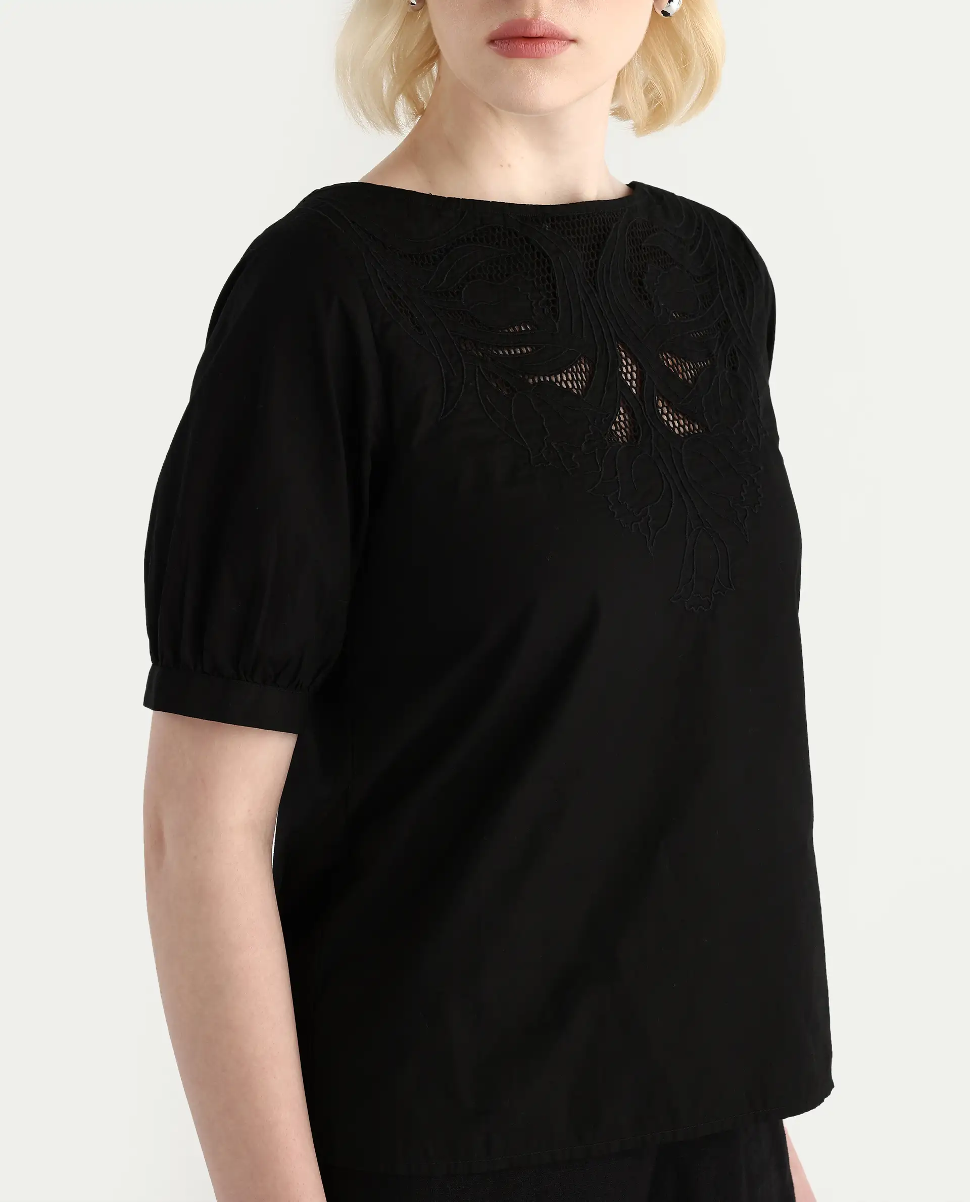 Rareism Women's Janla Black Cotton Boat Neck Embroidered Regular Fit Top - Image 5