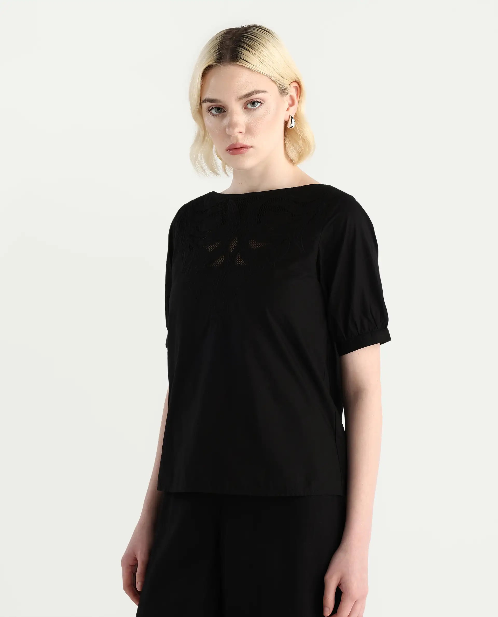 Rareism Women's Janla Black Cotton Boat Neck Embroidered Regular Fit Top - Image 6