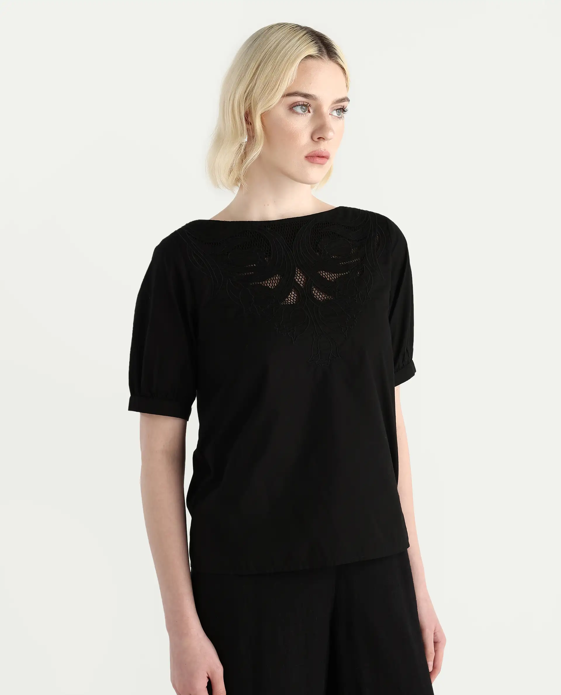 Rareism Women's Janla Black Cotton Boat Neck Embroidered Regular Fit Top - Image 7