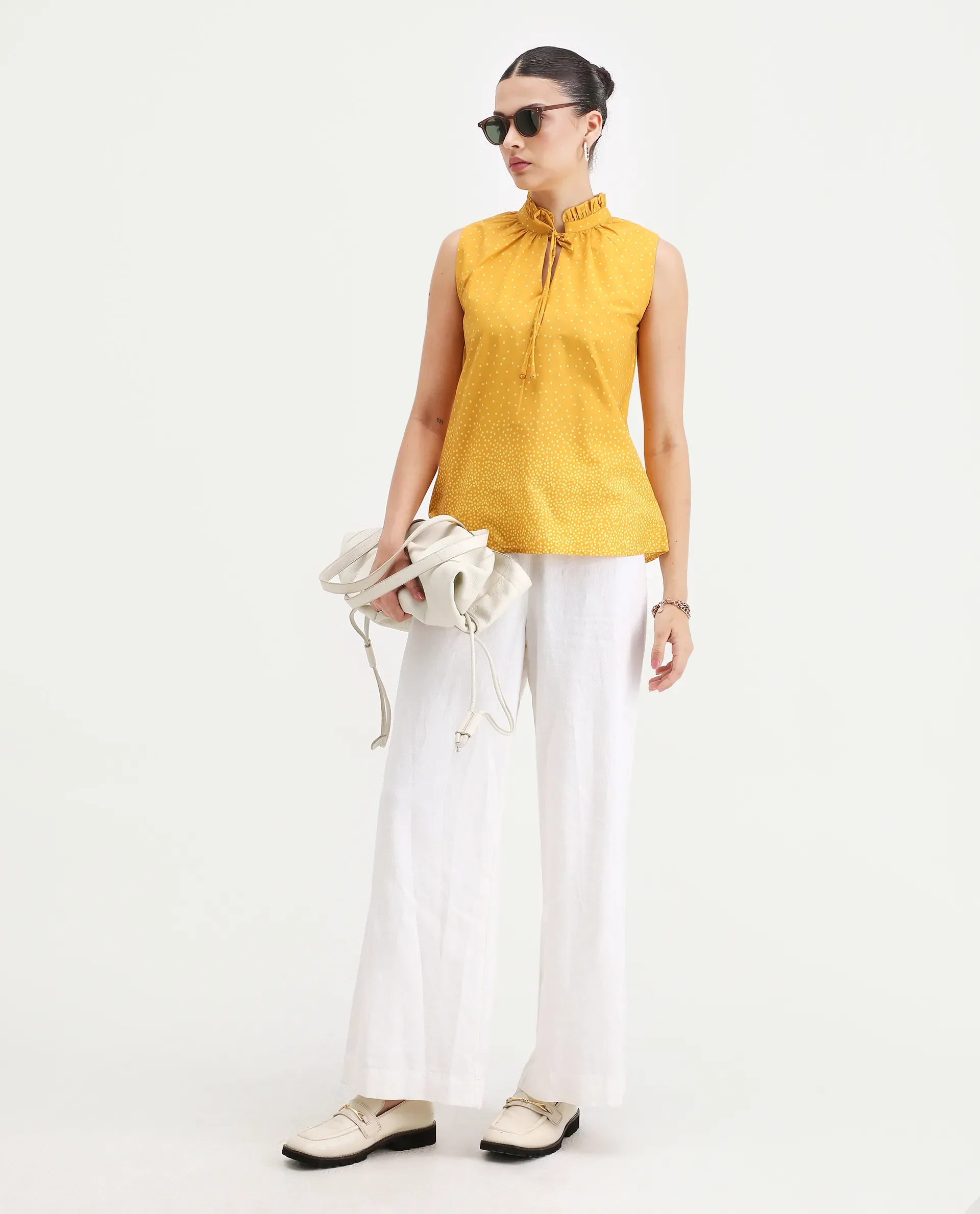 Rareism Women's Janlepo Mustard Cotton Band Collar Polka Print Sleeveless Regular Fit Top - Image 2