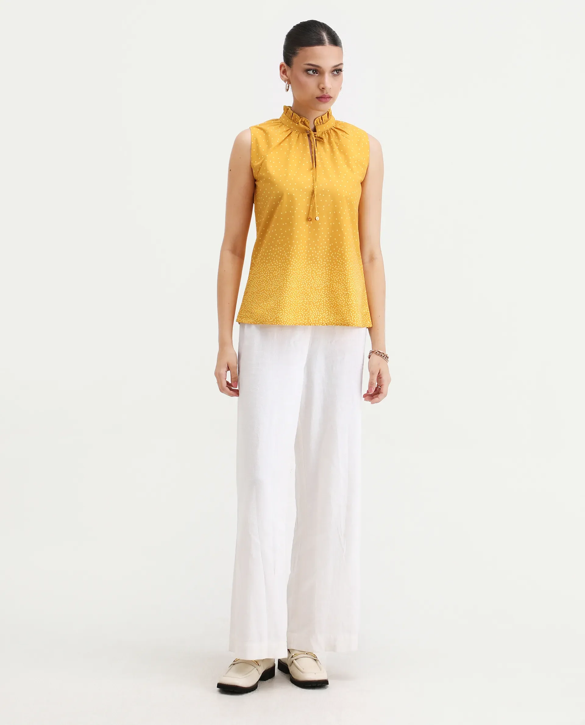 Rareism Women's Janlepo Mustard Cotton Band Collar Polka Print Sleeveless Regular Fit Top - Image 3