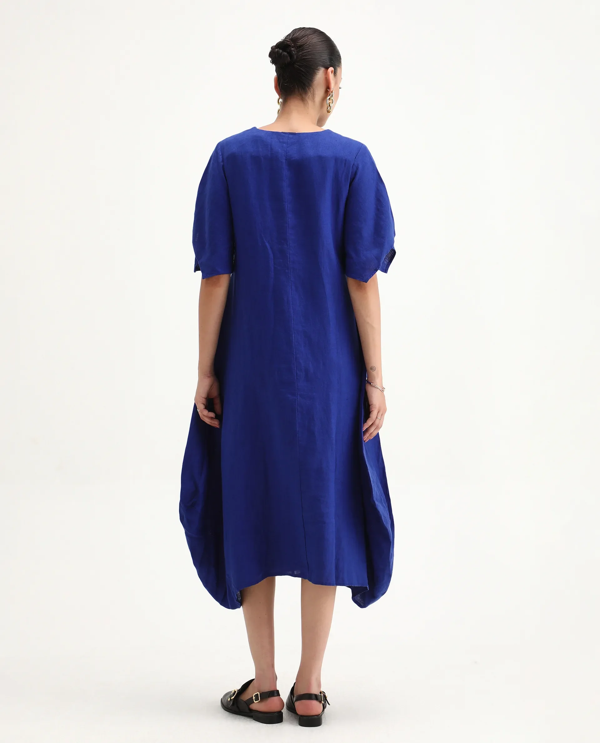 Rareism Women's Janlin Blue Linen Round Neck Plain Midi Relaxed Fit Dress - Image 6