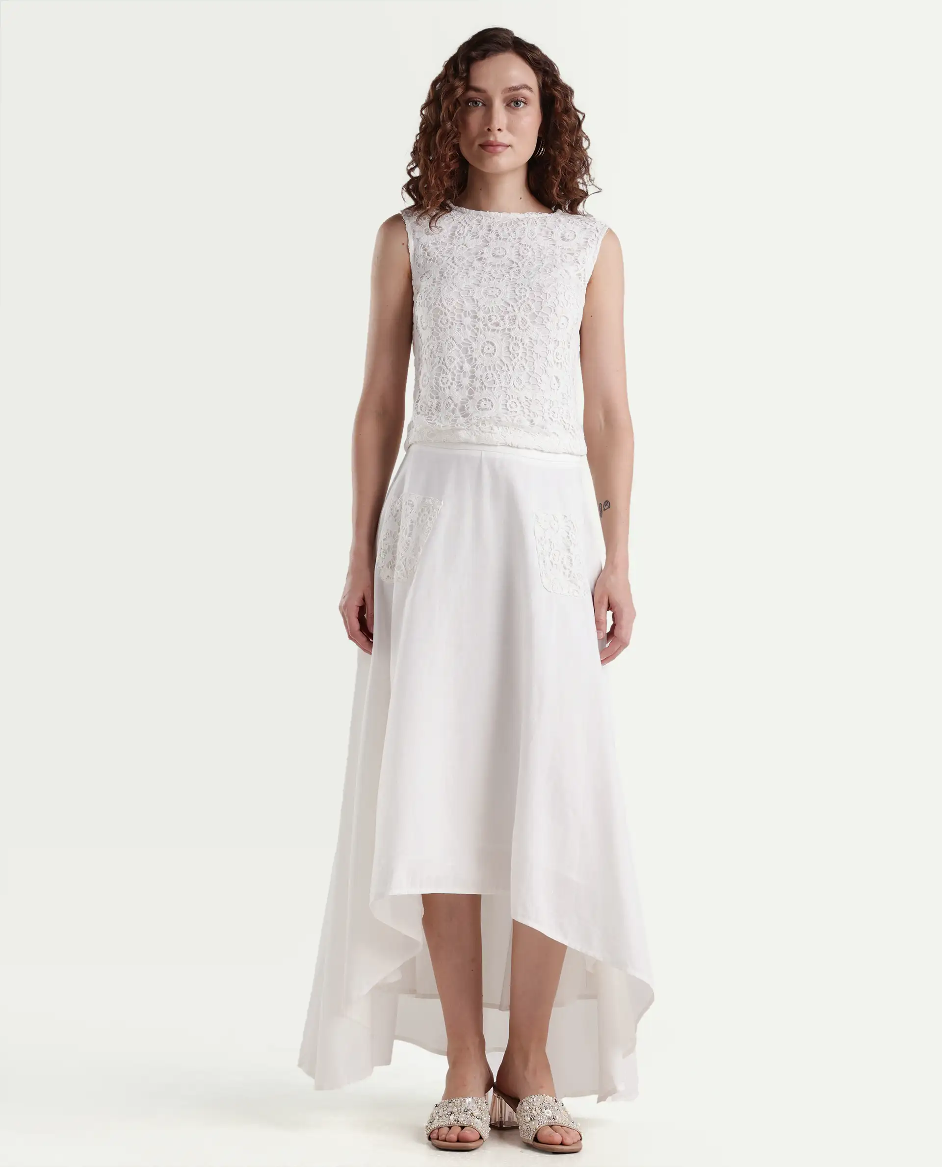 Rareism Women's Janlom B Off White Cotton Plain Ankle Length A-Line Skirt - Image 2