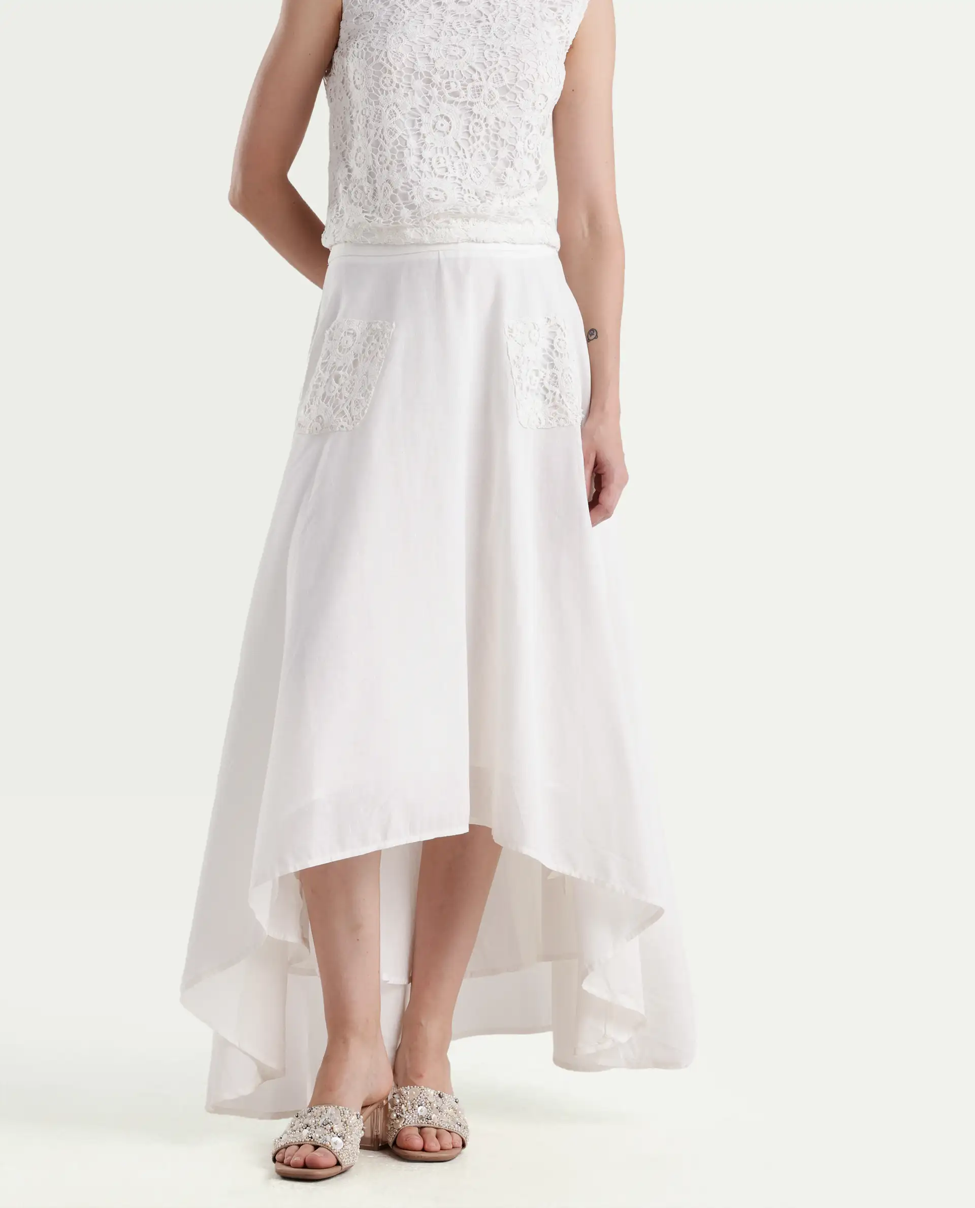 Rareism Women's Janlom B Off White Cotton Plain Ankle Length A-Line Skirt - Image 3