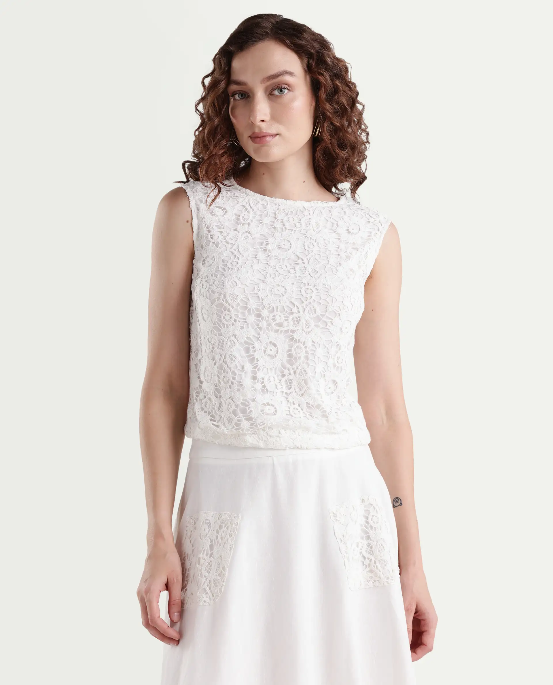 Rareism Women's Janlom T White Cotton Round Neck Abstract Print Sleeveless Crop Boxy Fit Top - Image 3