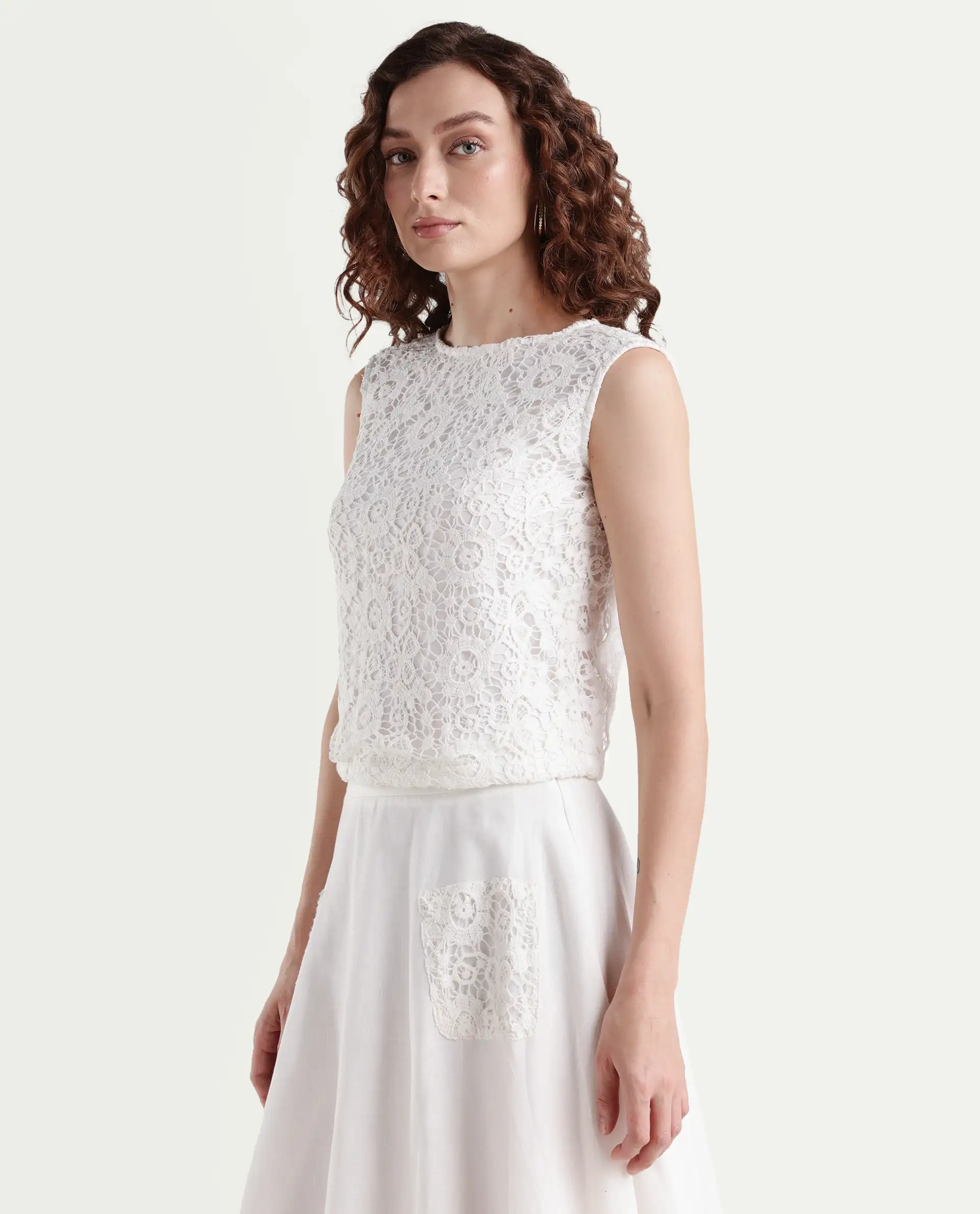 Rareism Women's Janlom T White Cotton Round Neck Abstract Print Sleeveless Crop Boxy Fit Top - Image 5