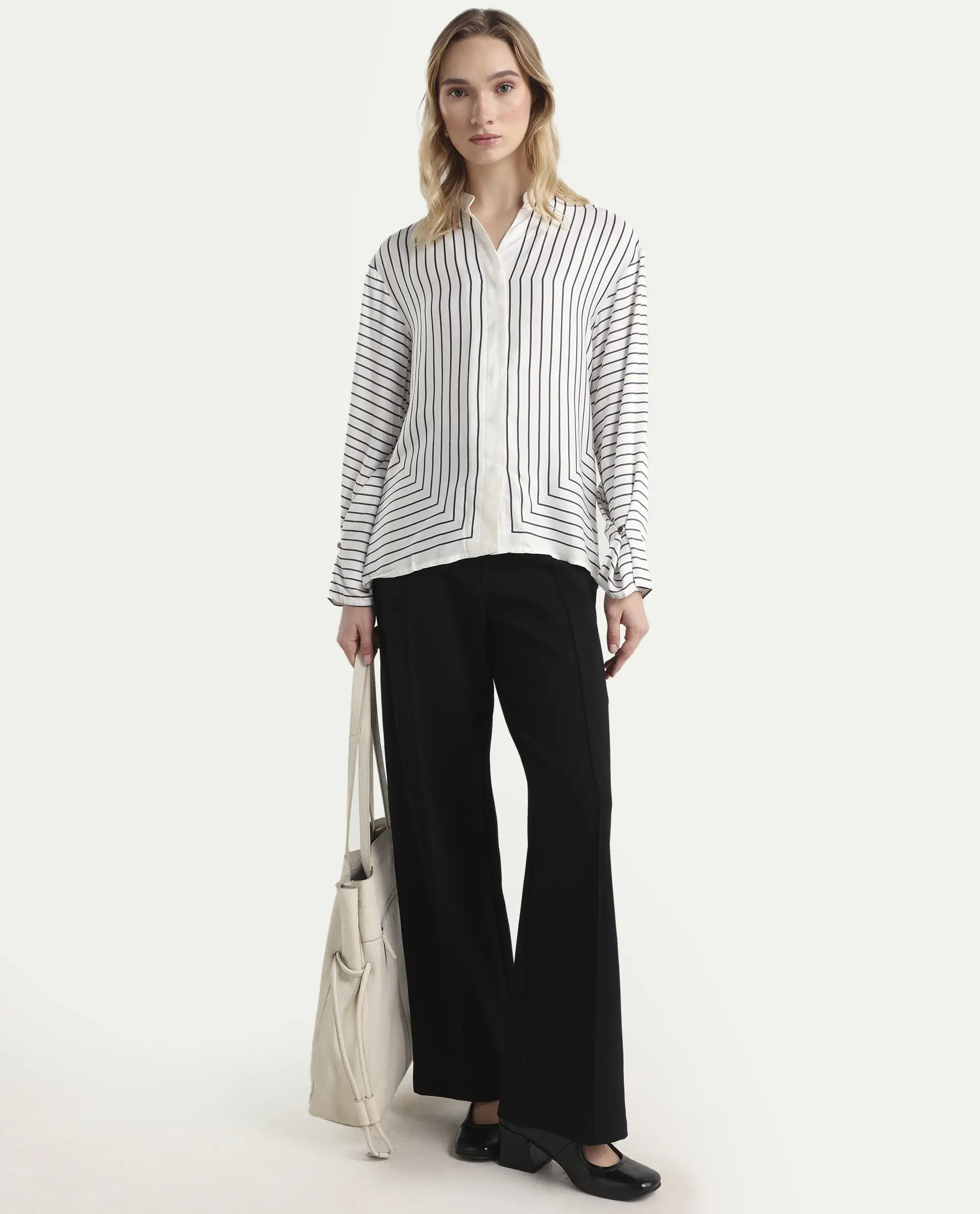 Rareism Women's Janlopo Off White Modal Band Collar Striped Regular Fit Top - Image 2