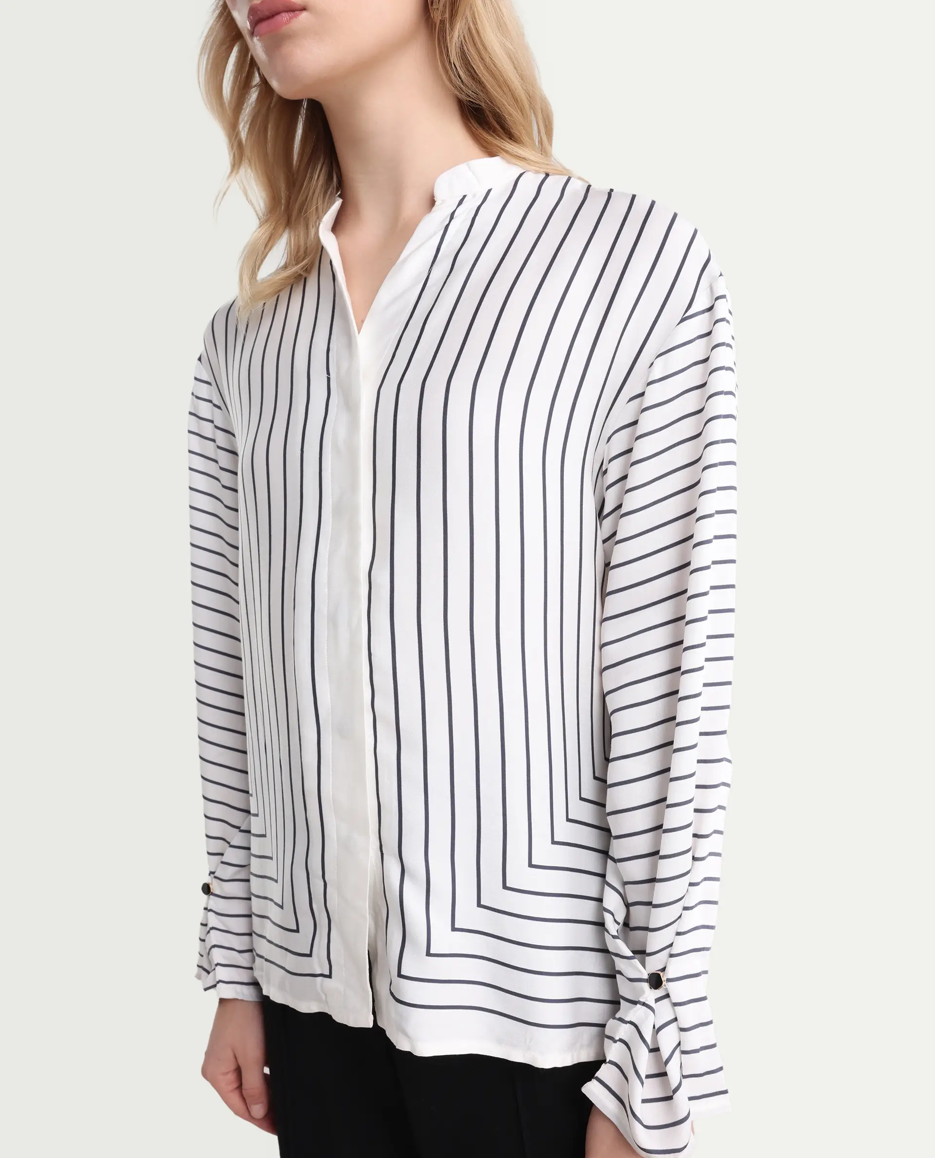 Rareism Women's Janlopo Off White Modal Band Collar Striped Regular Fit Top - Image 3