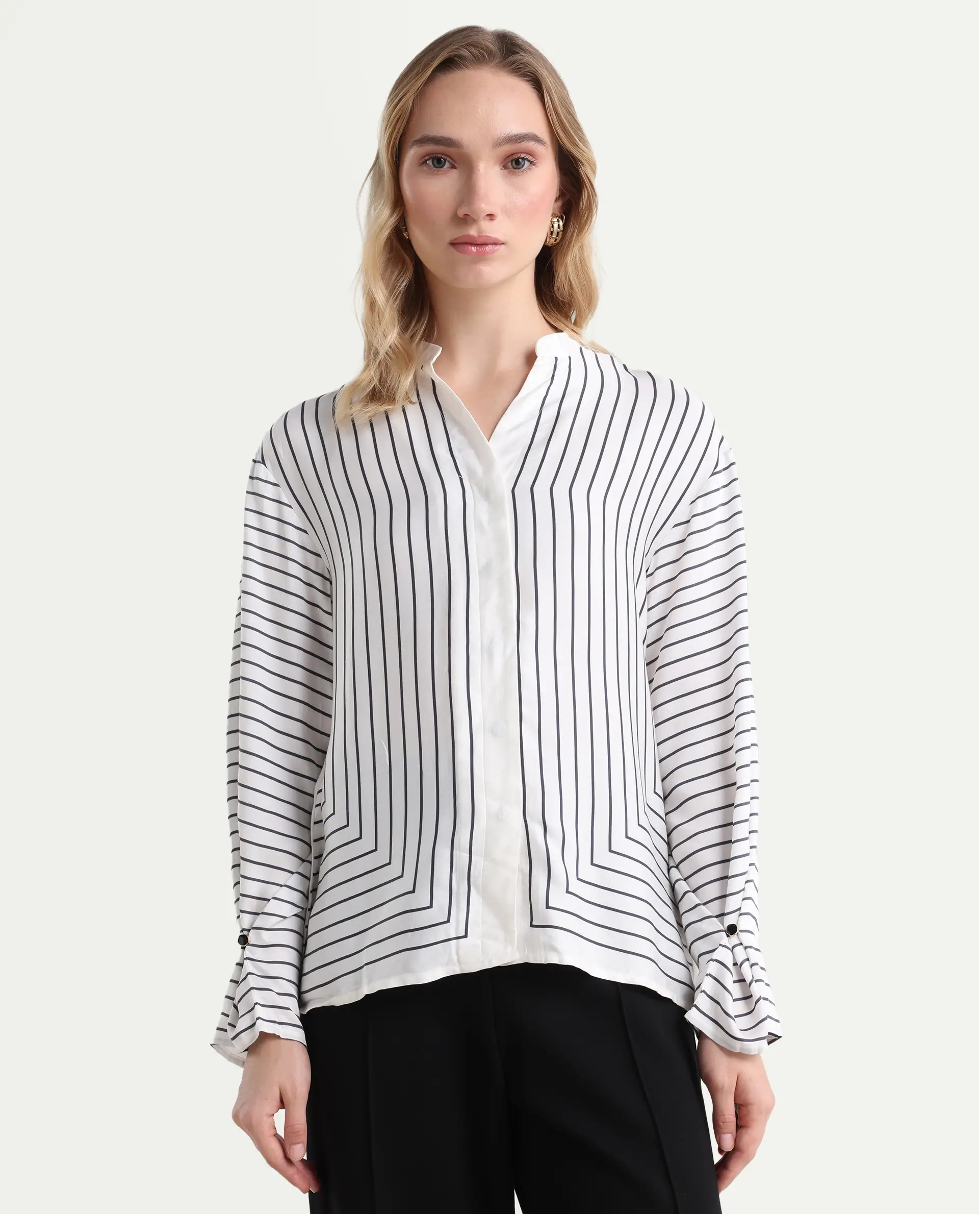Rareism Women's Janlopo Off White Modal Band Collar Striped Regular Fit Top - Image 4