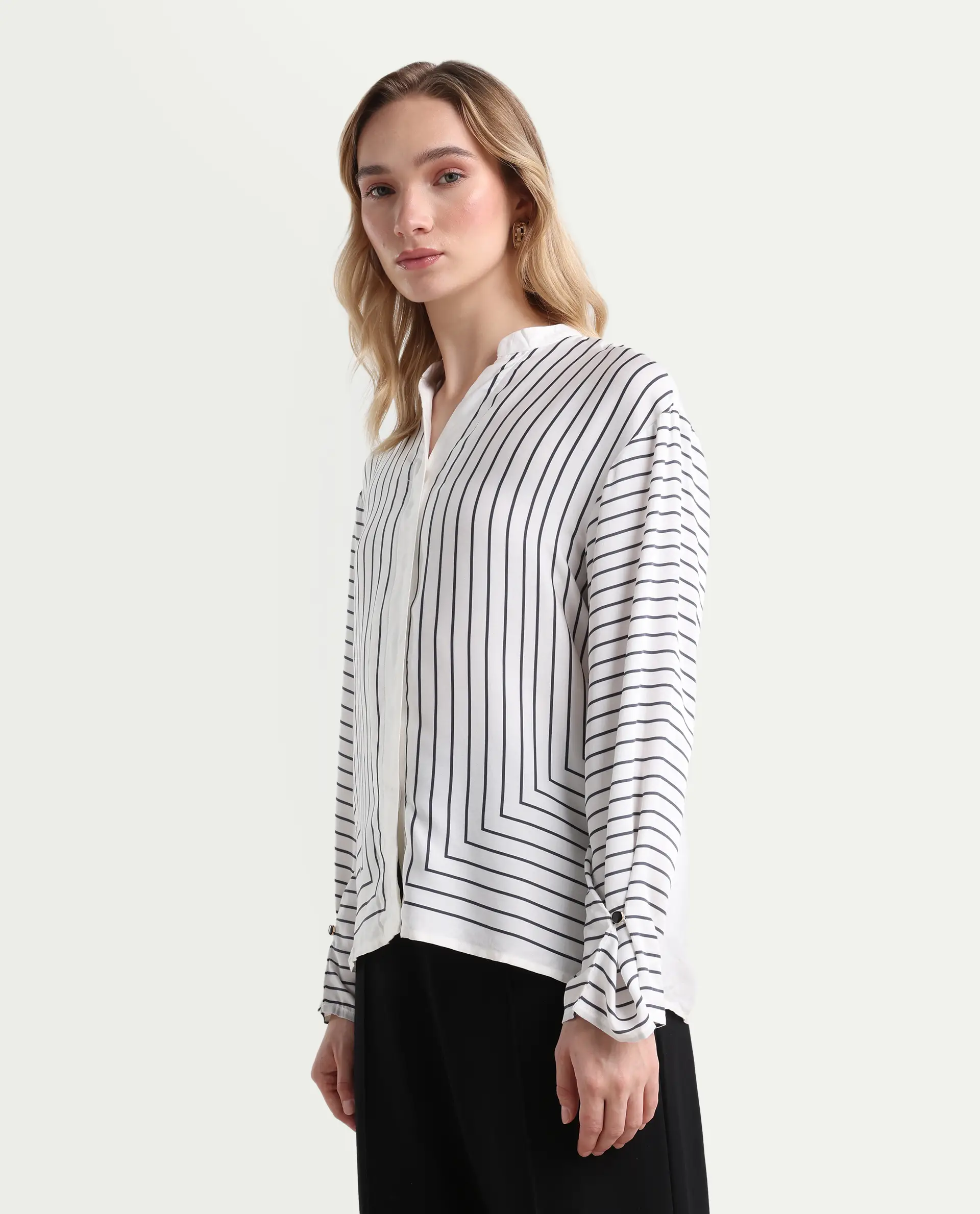 Rareism Women's Janlopo Off White Modal Band Collar Striped Regular Fit Top - Image 5