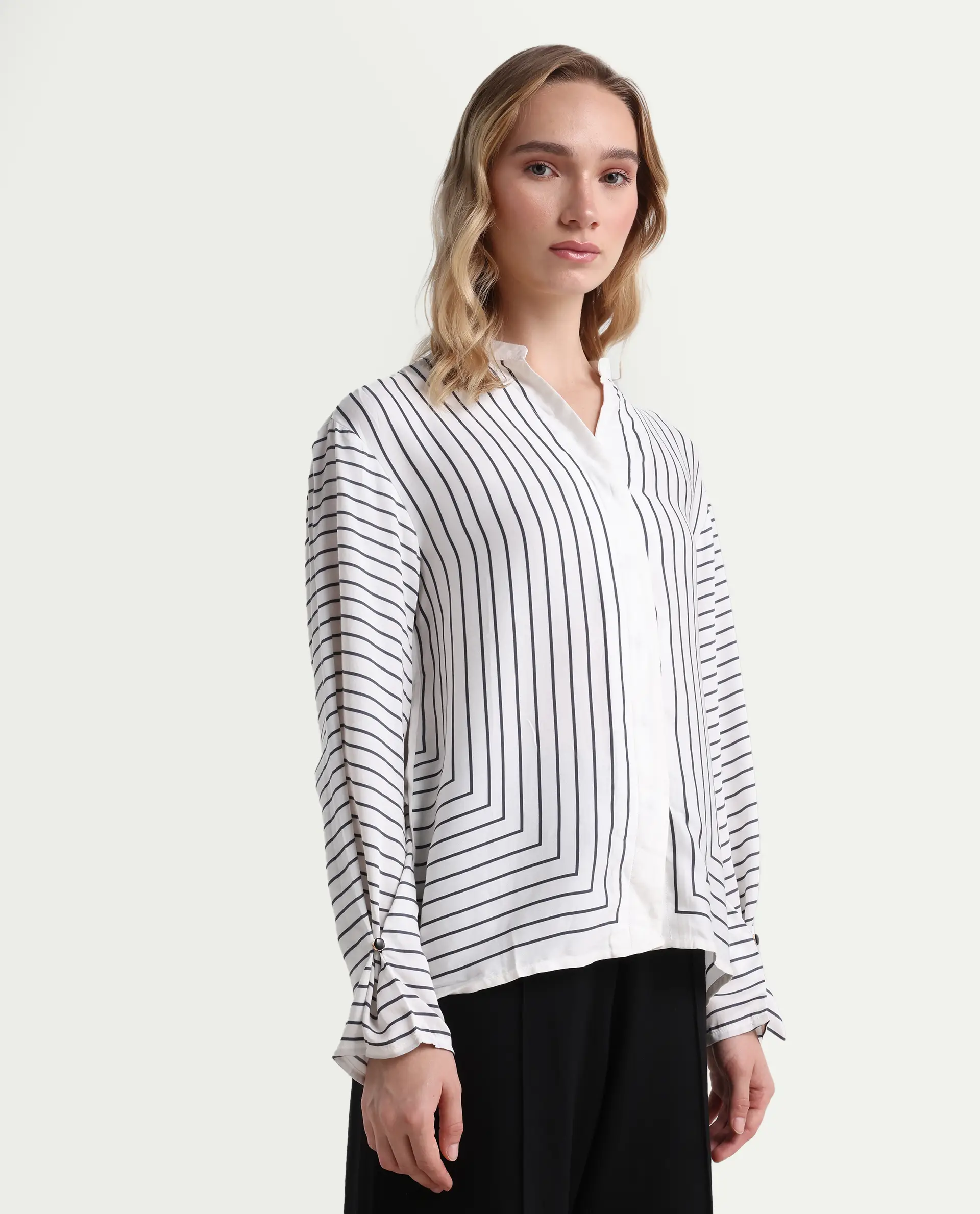 Rareism Women's Janlopo Off White Modal Band Collar Striped Regular Fit Top - Image 6