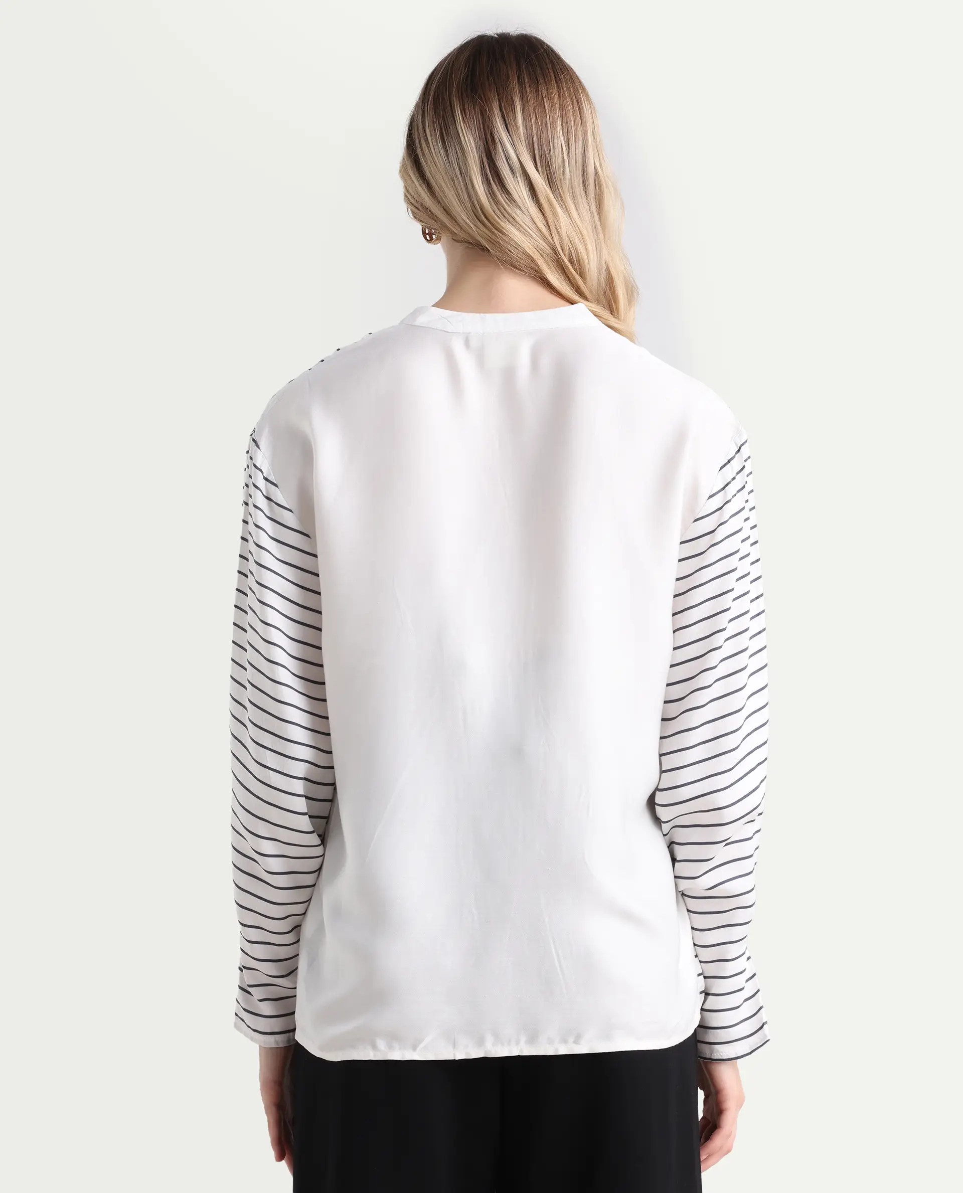Rareism Women's Janlopo Off White Modal Band Collar Striped Regular Fit Top - Image 7