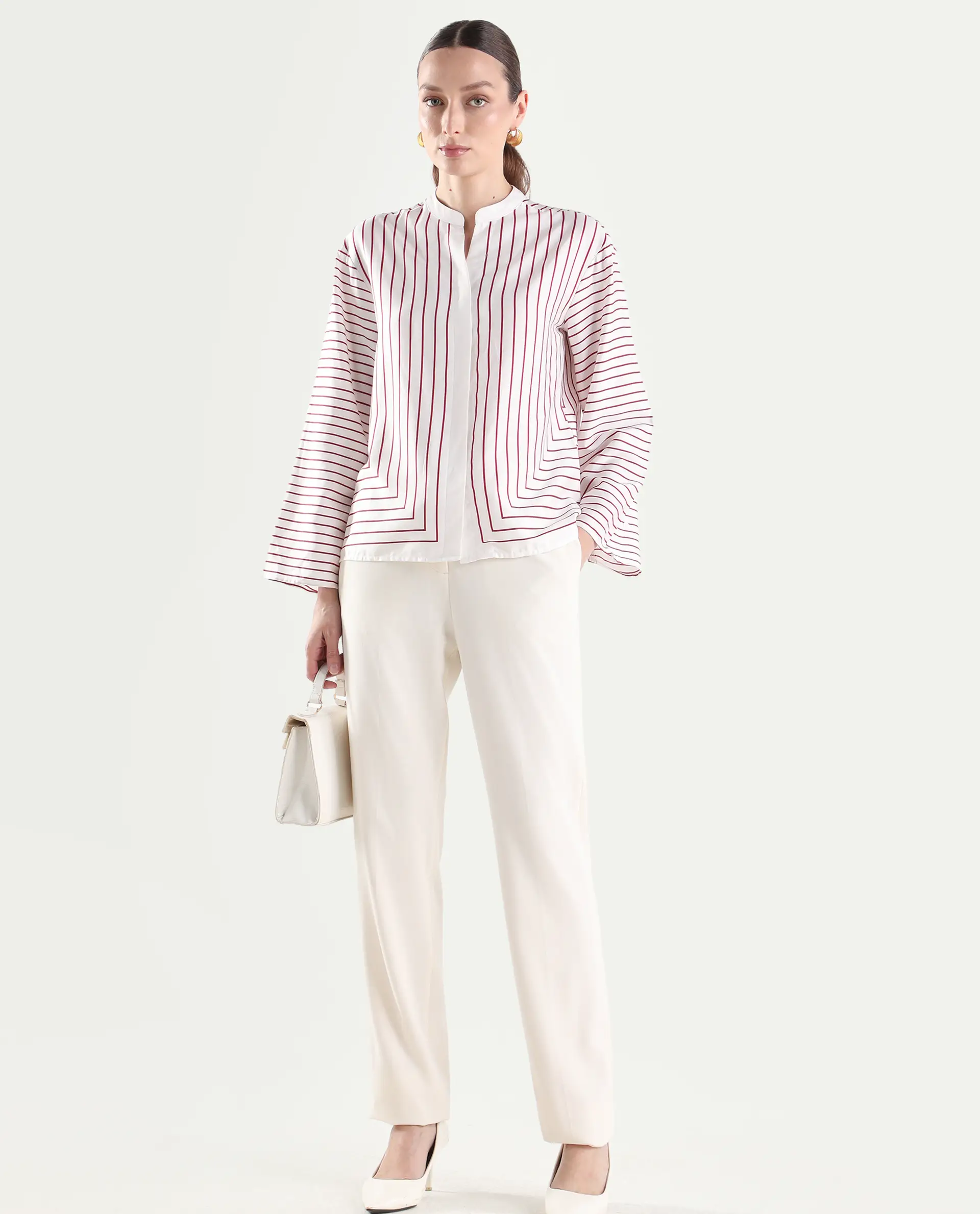 Rareism Women's Janlopo Red Cotton Blend Full Sleeve Mandarin Collar Relaxed Fit Striped Top - Image 2