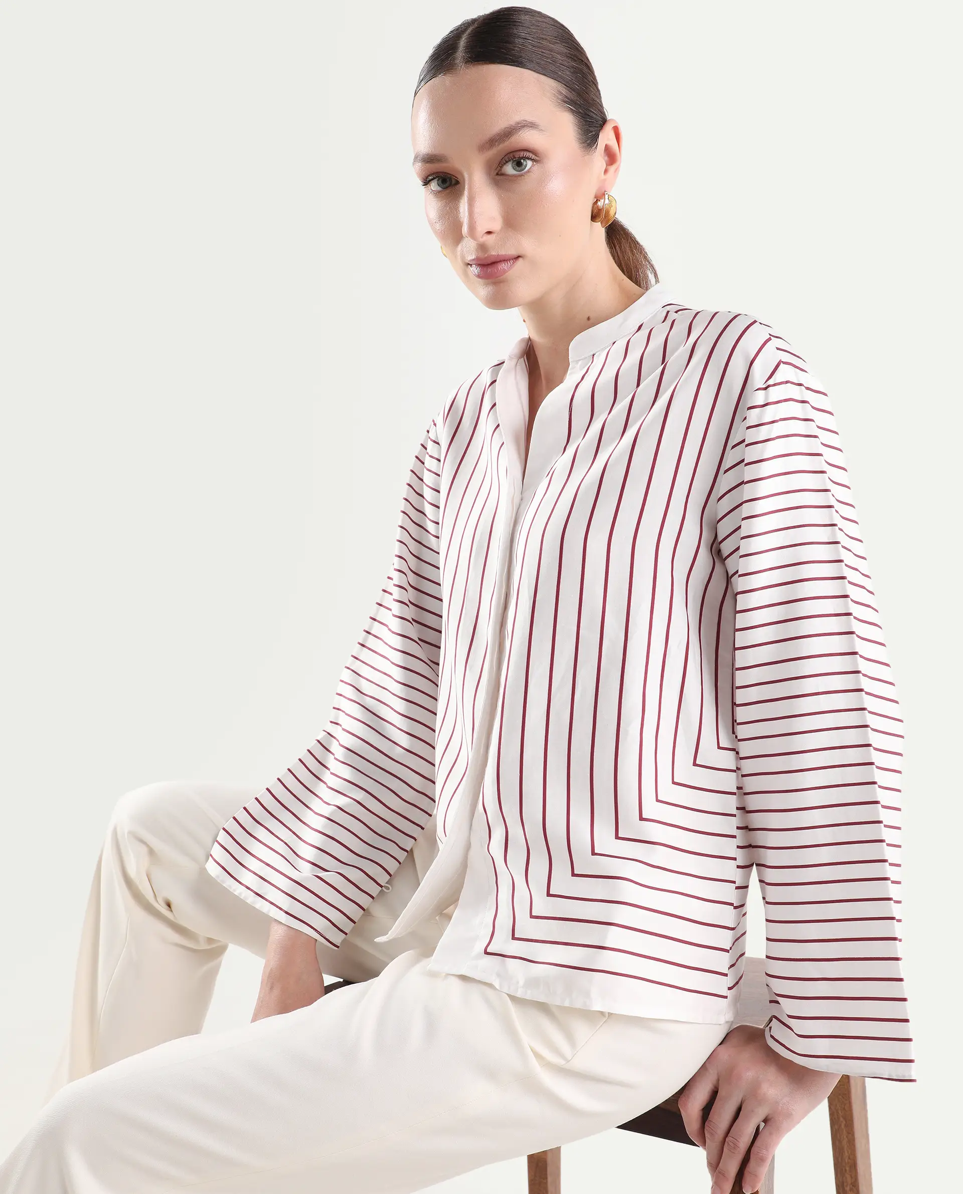 Rareism Women's Janlopo Red Cotton Blend Full Sleeve Mandarin Collar Relaxed Fit Striped Top - Image 3
