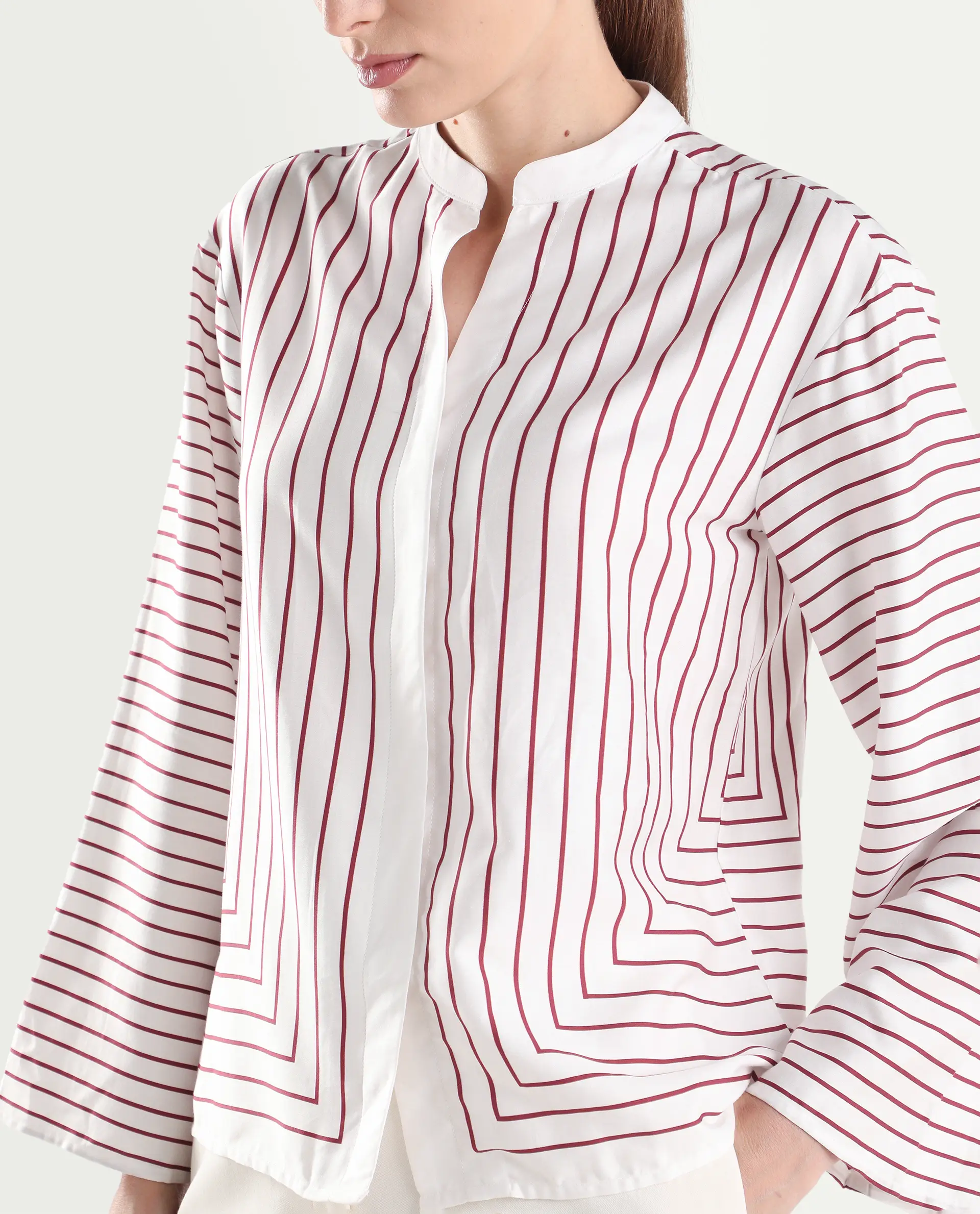 Rareism Women's Janlopo Red Cotton Blend Full Sleeve Mandarin Collar Relaxed Fit Striped Top - Image 4