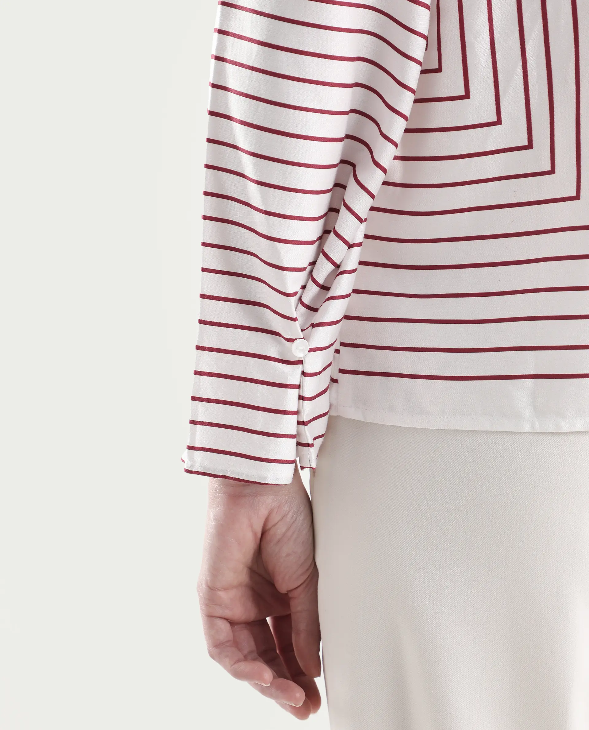 Rareism Women's Janlopo Red Cotton Blend Full Sleeve Mandarin Collar Relaxed Fit Striped Top - Image 5