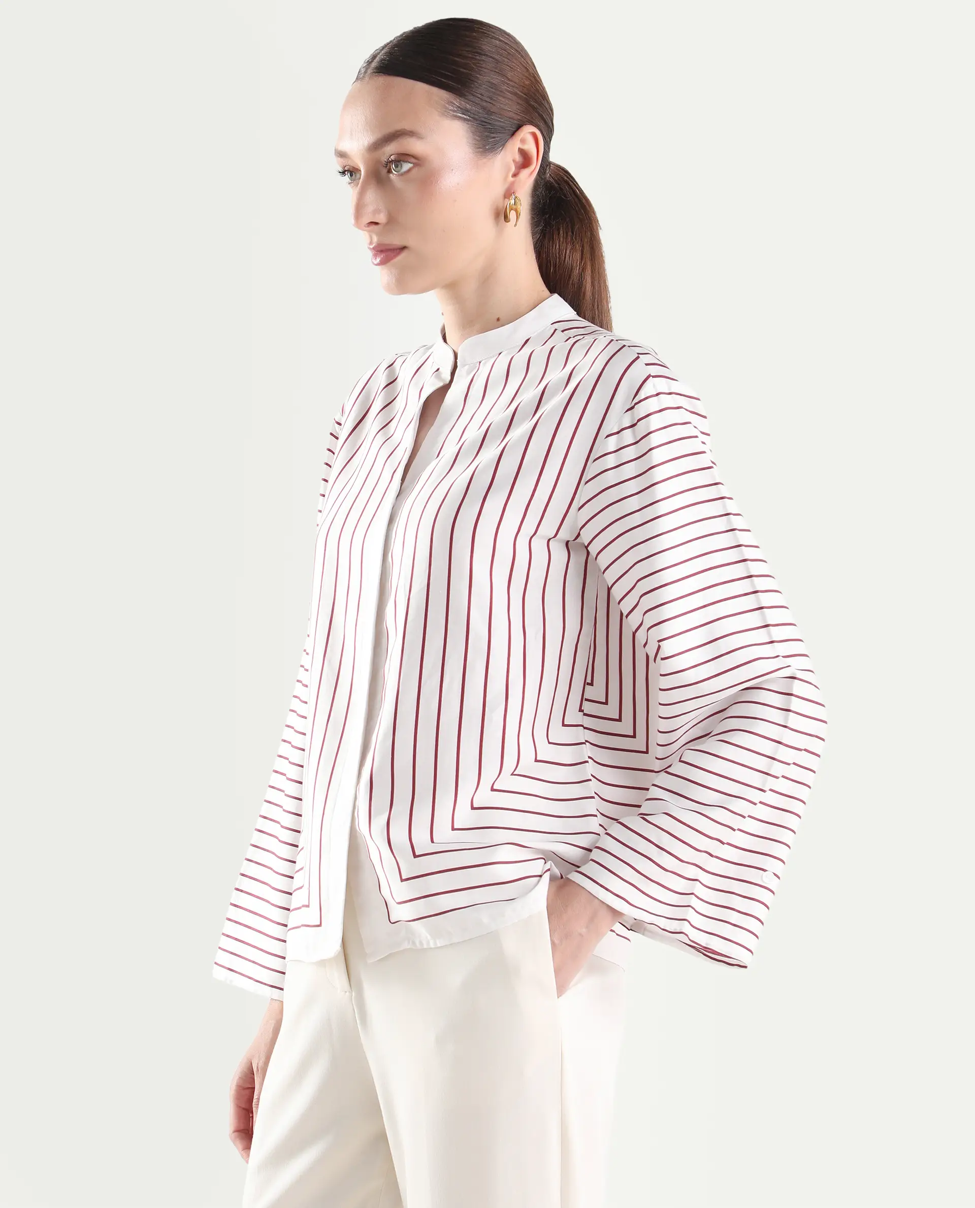 Rareism Women's Janlopo Red Cotton Blend Full Sleeve Mandarin Collar Relaxed Fit Striped Top - Image 6