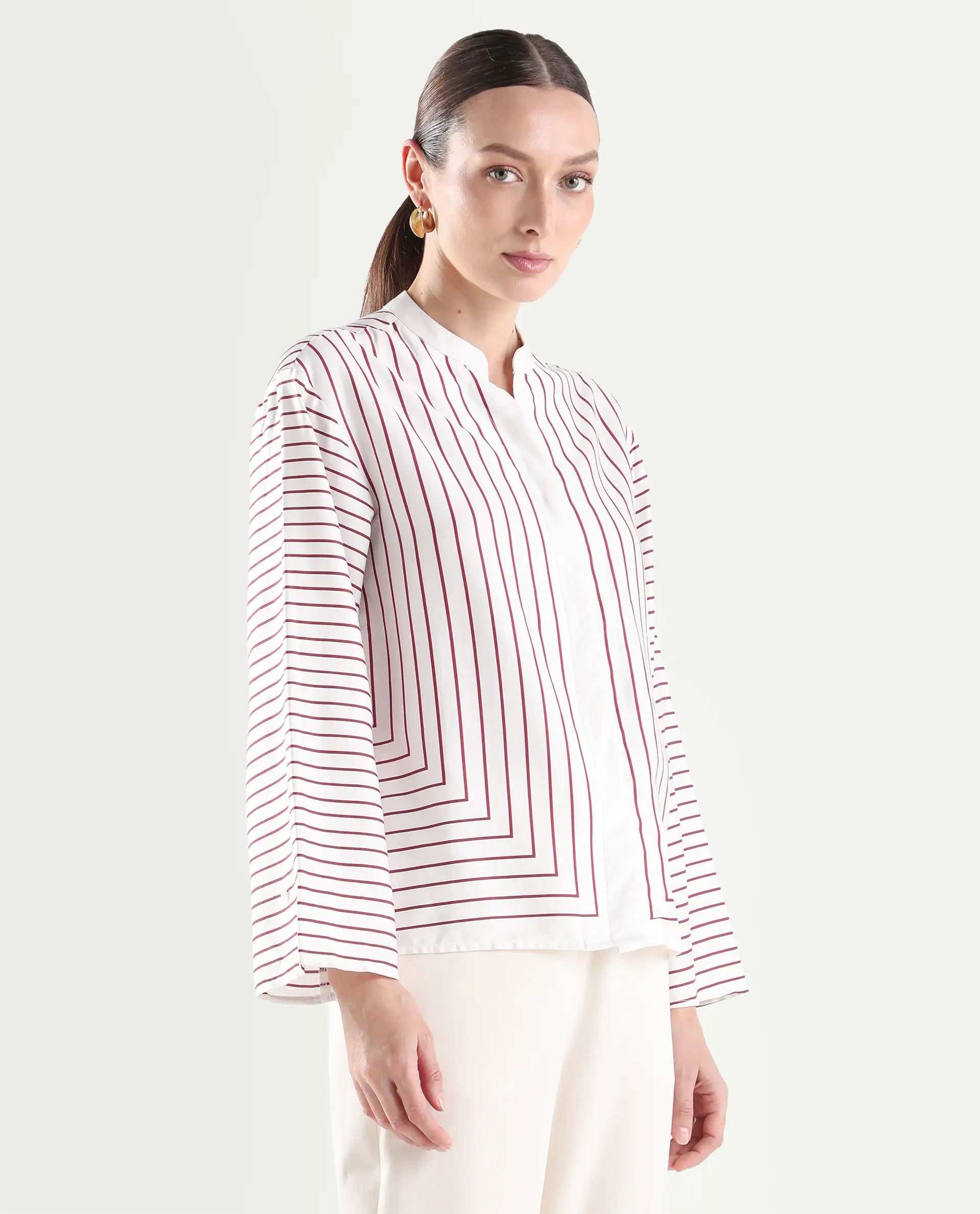 Rareism Women's Janlopo Red Cotton Blend Full Sleeve Mandarin Collar Relaxed Fit Striped Top - Image 7