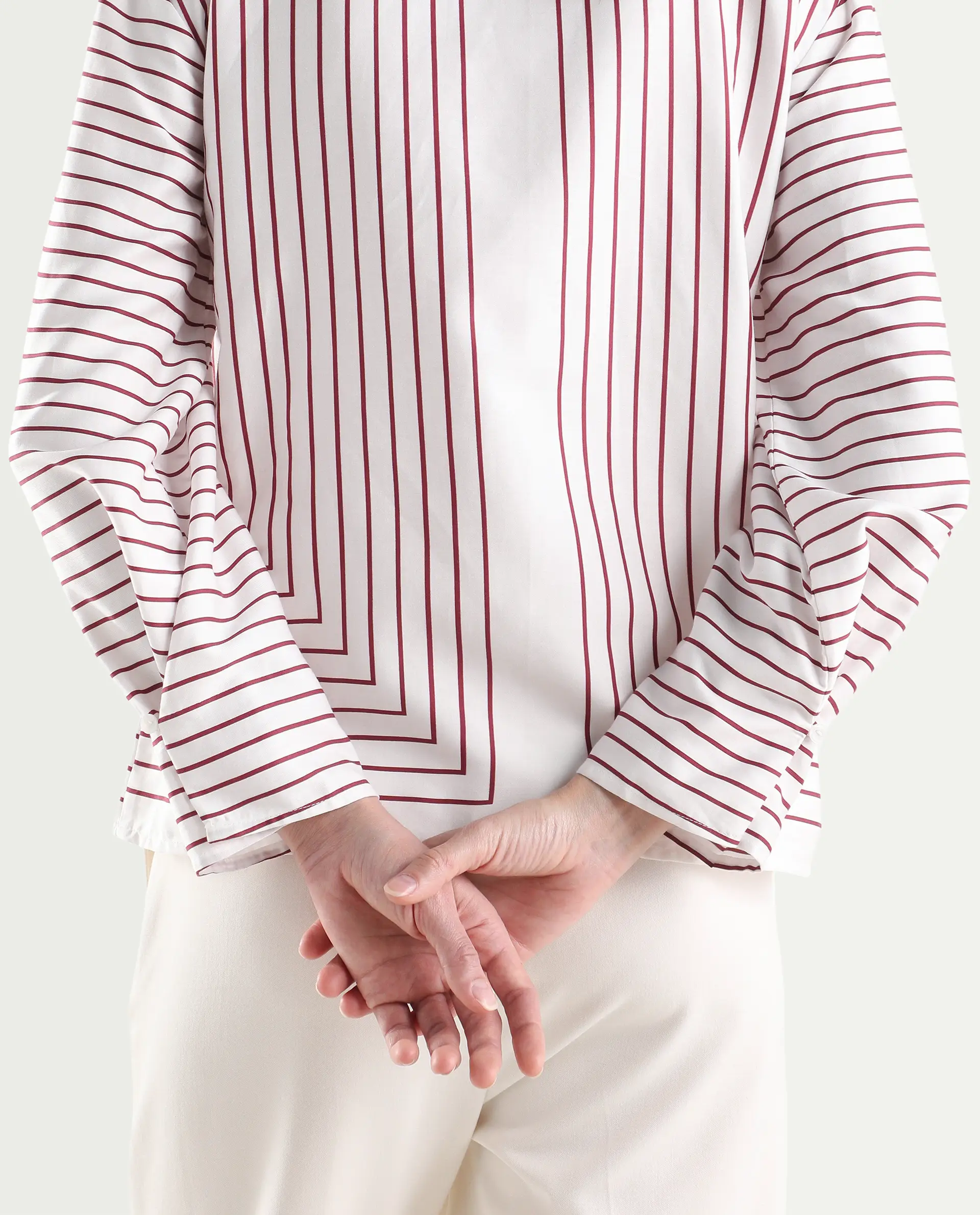 Rareism Women's Janlopo Red Cotton Blend Full Sleeve Mandarin Collar Relaxed Fit Striped Top - Image 8