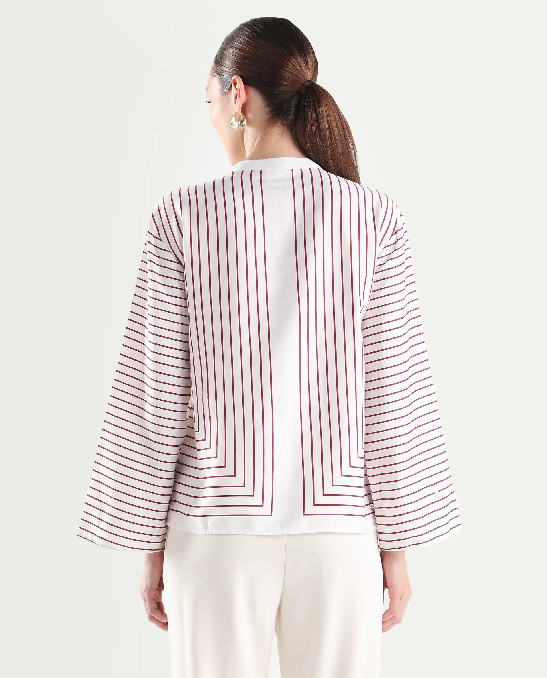Rareism Women's Janlopo Red Cotton Blend Full Sleeve Mandarin Collar Relaxed Fit Striped Top - Image 9