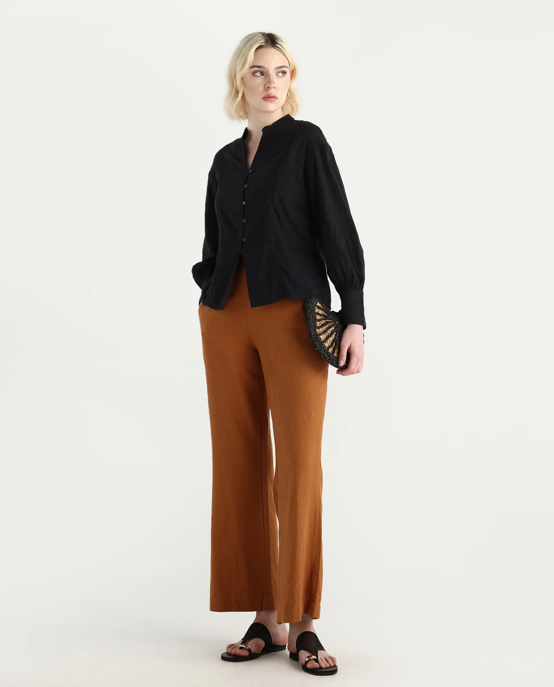 Rareism Women's Janmax Black Cotton Mandarin Collar Plain Cuffed Sleeve Regular Fit Top - Image 2