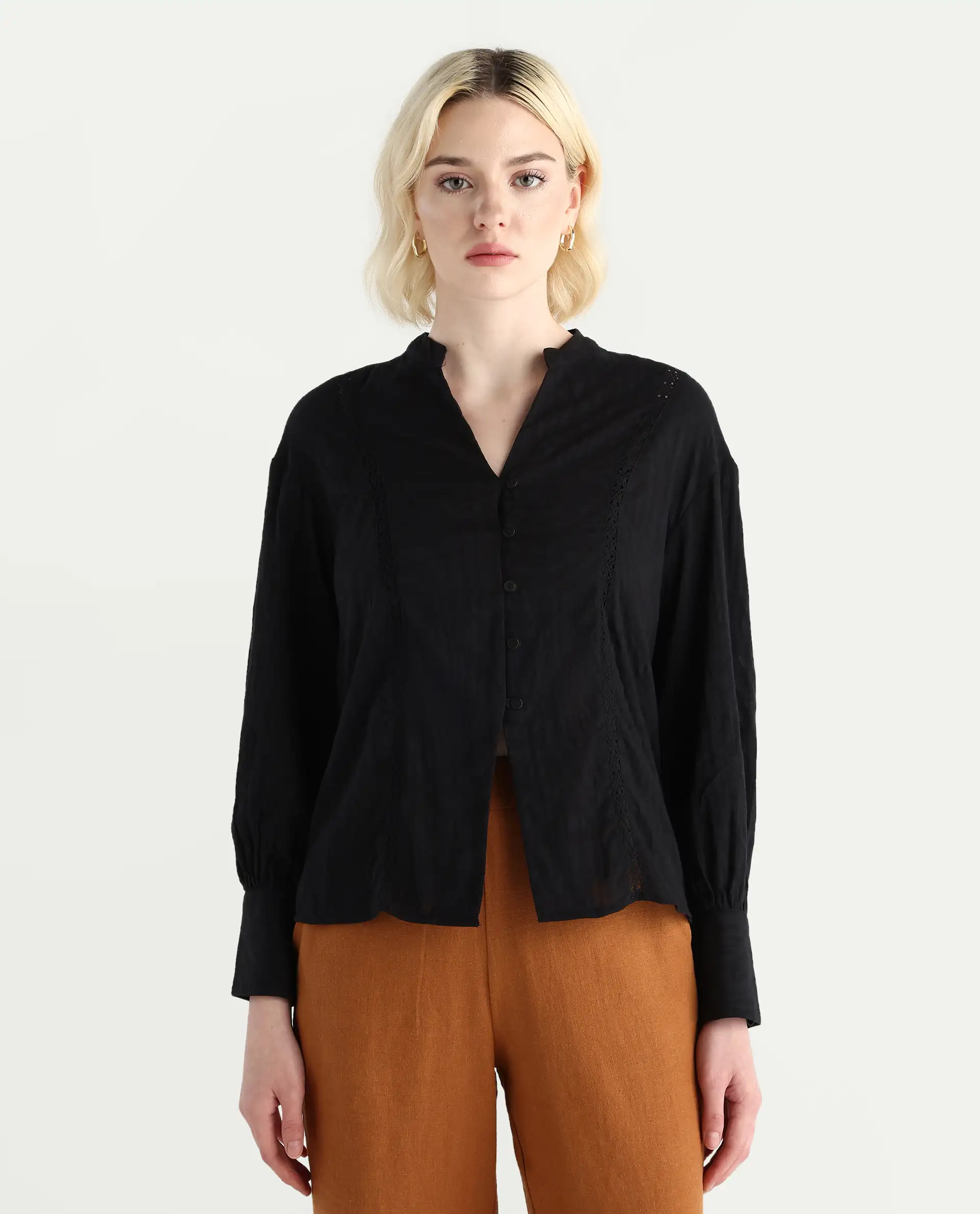 Rareism Women's Janmax Black Cotton Mandarin Collar Plain Cuffed Sleeve Regular Fit Top - Image 3