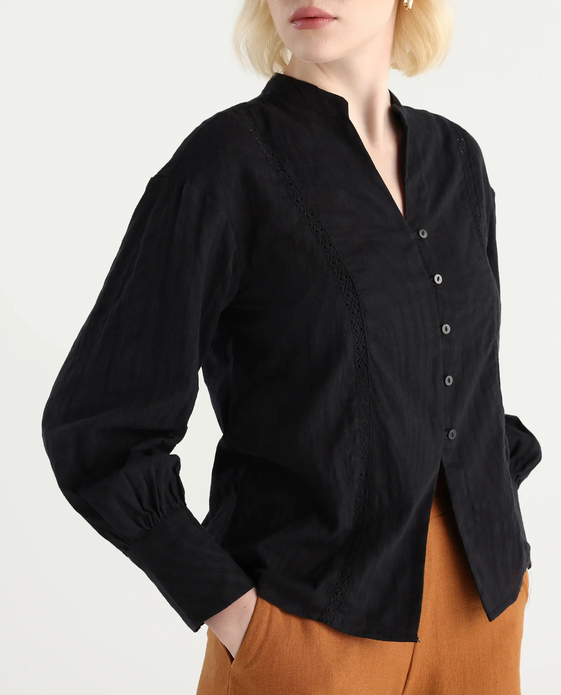 Rareism Women's Janmax Black Cotton Mandarin Collar Plain Cuffed Sleeve Regular Fit Top - Image 4