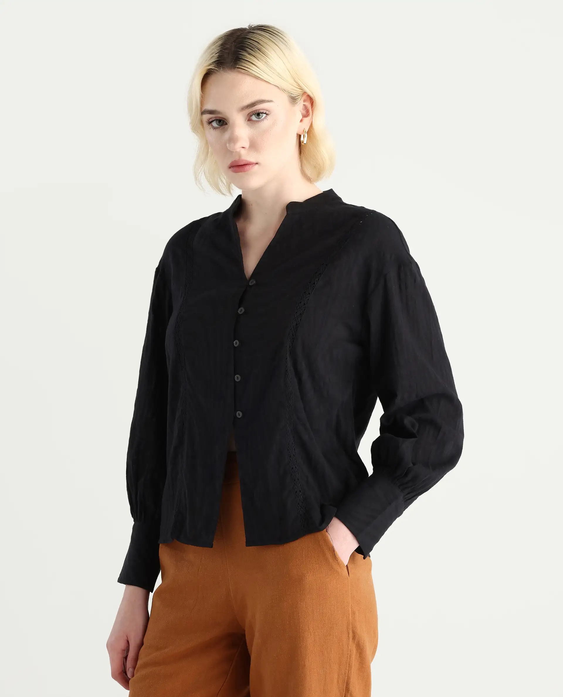 Rareism Women's Janmax Black Cotton Mandarin Collar Plain Cuffed Sleeve Regular Fit Top - Image 5