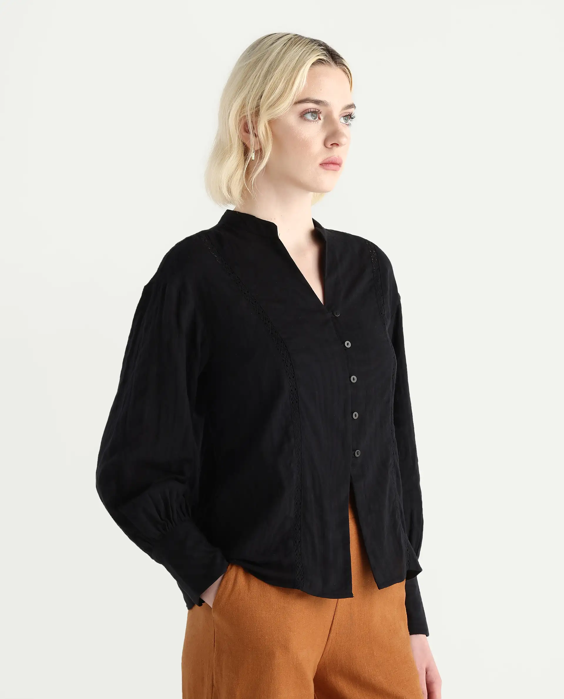 Rareism Women's Janmax Black Cotton Mandarin Collar Plain Cuffed Sleeve Regular Fit Top - Image 6