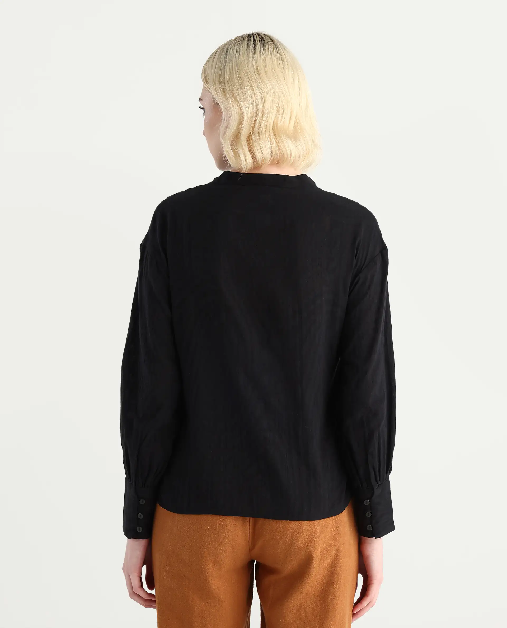 Rareism Women's Janmax Black Cotton Mandarin Collar Plain Cuffed Sleeve Regular Fit Top - Image 7