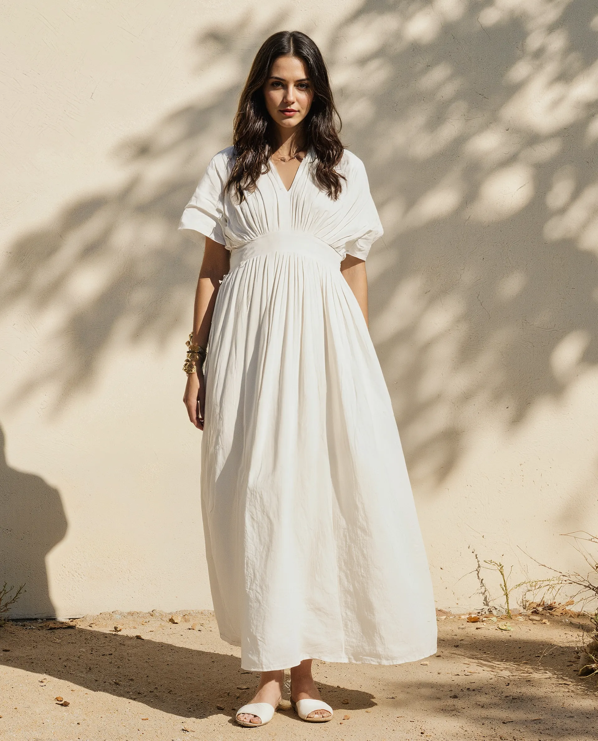 Rareism Women's Janmay Beige Cotton V-Neck Plain Kimono Sleeve Maxi Flared Dress - Image 2