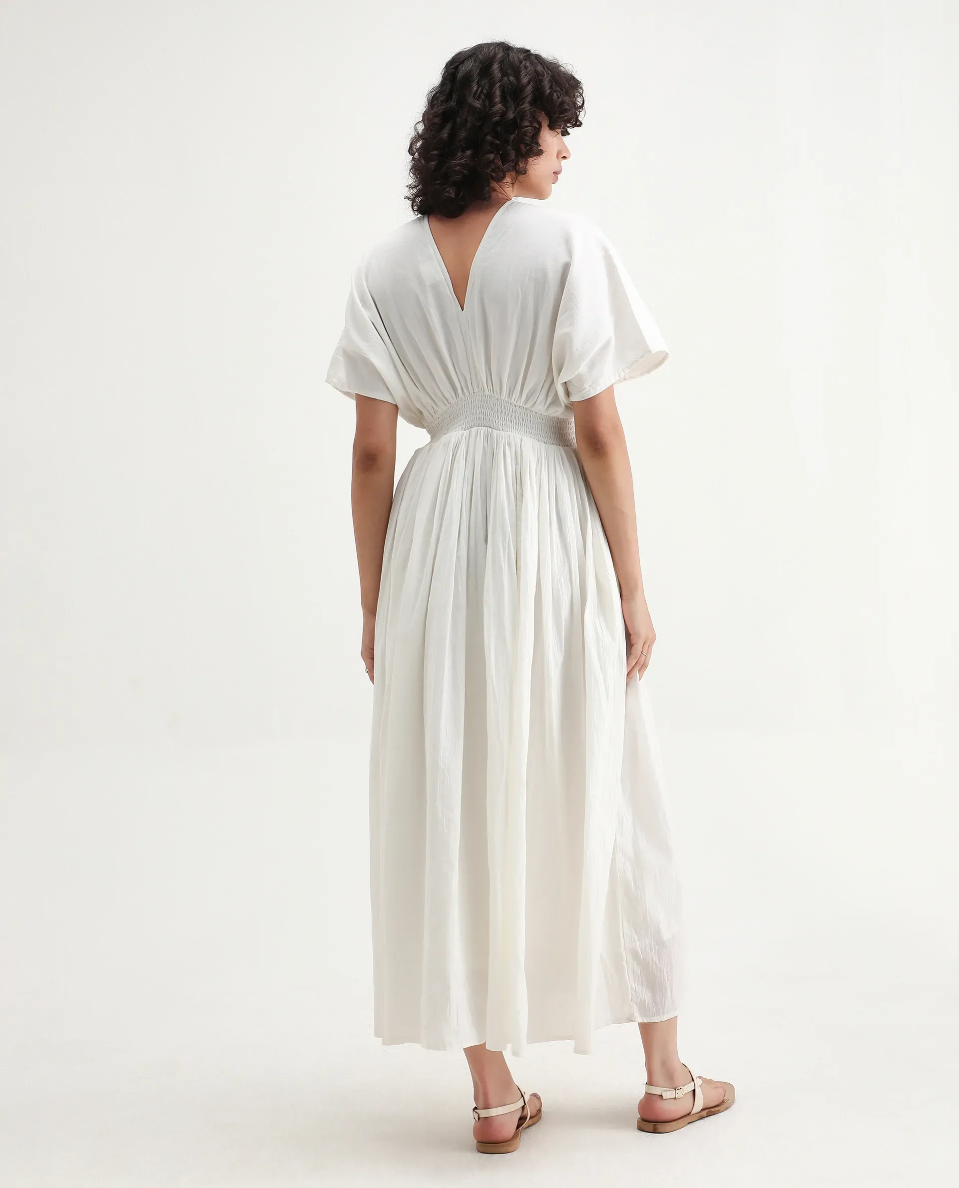 Rareism Women's Janmay Beige Cotton V-Neck Plain Kimono Sleeve Maxi Flared Dress - Image 3